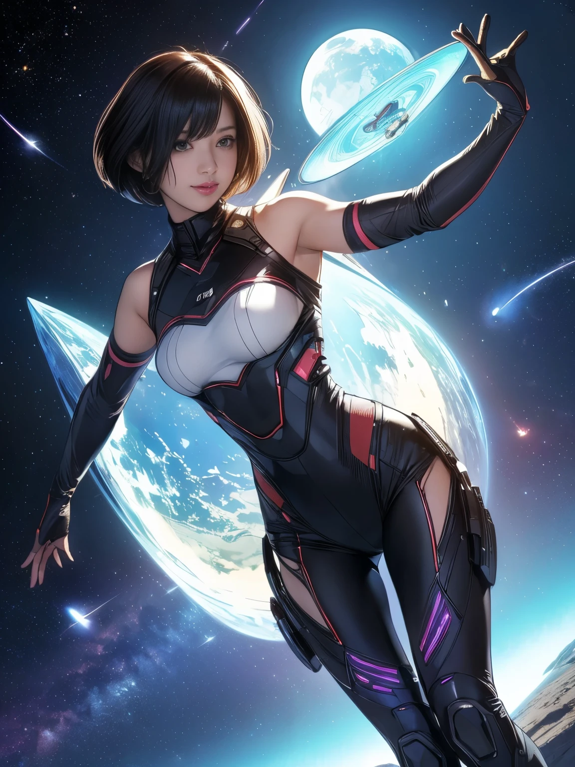 (original photo, best quality), (actual, photorealism:1.3), 1 girl, bob cut、earrings、Smile、actualbody,old space costume、ancient、rock、ancientの儀式、Pyramid shaped UFO flying from space、laser light、 (( Japanese girl)), ((armpit hair、armpit hairを見せる、raise arms、armpit))