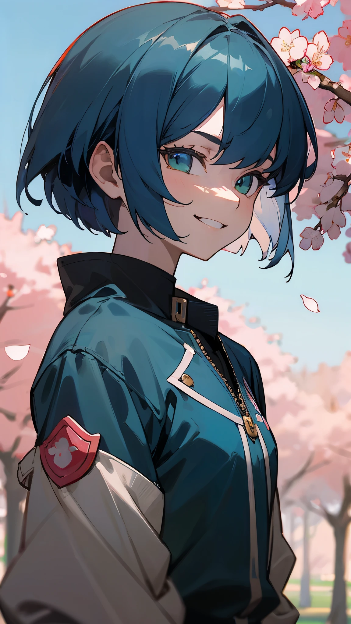 16 year old girl、riders jacket、dark blue hair、bob hair、green round eyes、evil smile、Blue and orange tones、anime painting、From the side、evil smile、Cherry blossom park、blue sky、upper body close-up、sharp outline