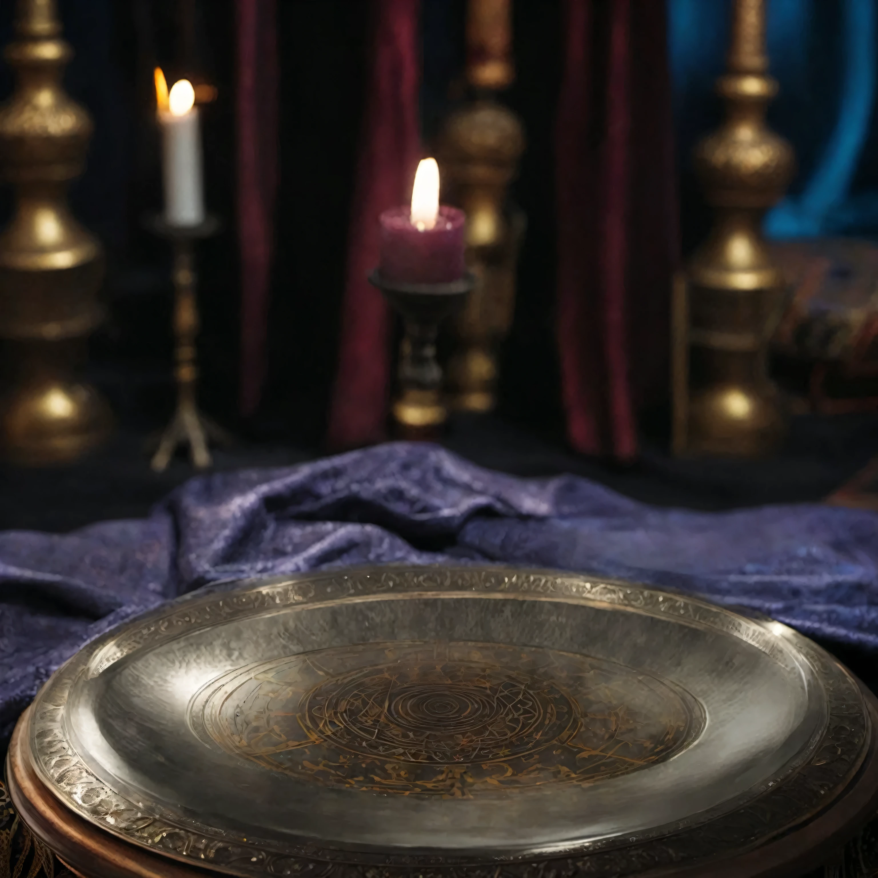 A plate with a pattern on it is placed on the table.., Home Wicca Scene, Spell casting, Spell casting wizard, cast a protection spell, The glorious upside-down holy grail, black magic spells, altar of sacrifice, Mystical feeling, More on complex Wiccan scenes, unleash superpowers, devil&#39;Magical rituals, displayed on the altar, mysterious setting, Sorcerer's Room