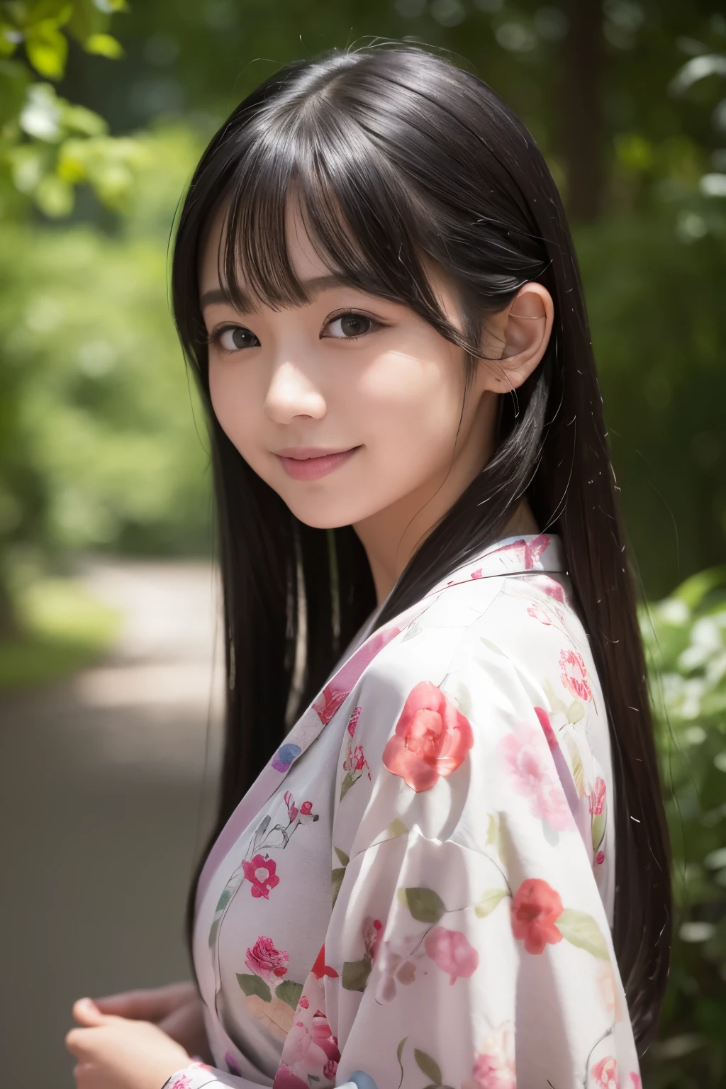 (kimono)、Random pose、(top quality,Masterpiece:1.3,ultra high resolution,),(super detailed,Caustics),(realism:1.4,Original photography,)Ultra-realistic capture,a very detailed,High resolution 16K close-up of human skin、 natural skin texture、、Skin looks healthy and even-toned、 Use natural light and color,1 girl,Japanese,kawaii,A black-haired one,Zhongfa,,Smile,,(depth of field、Color difference、、Wide lighting range、natural shadow、)、Half-length photo