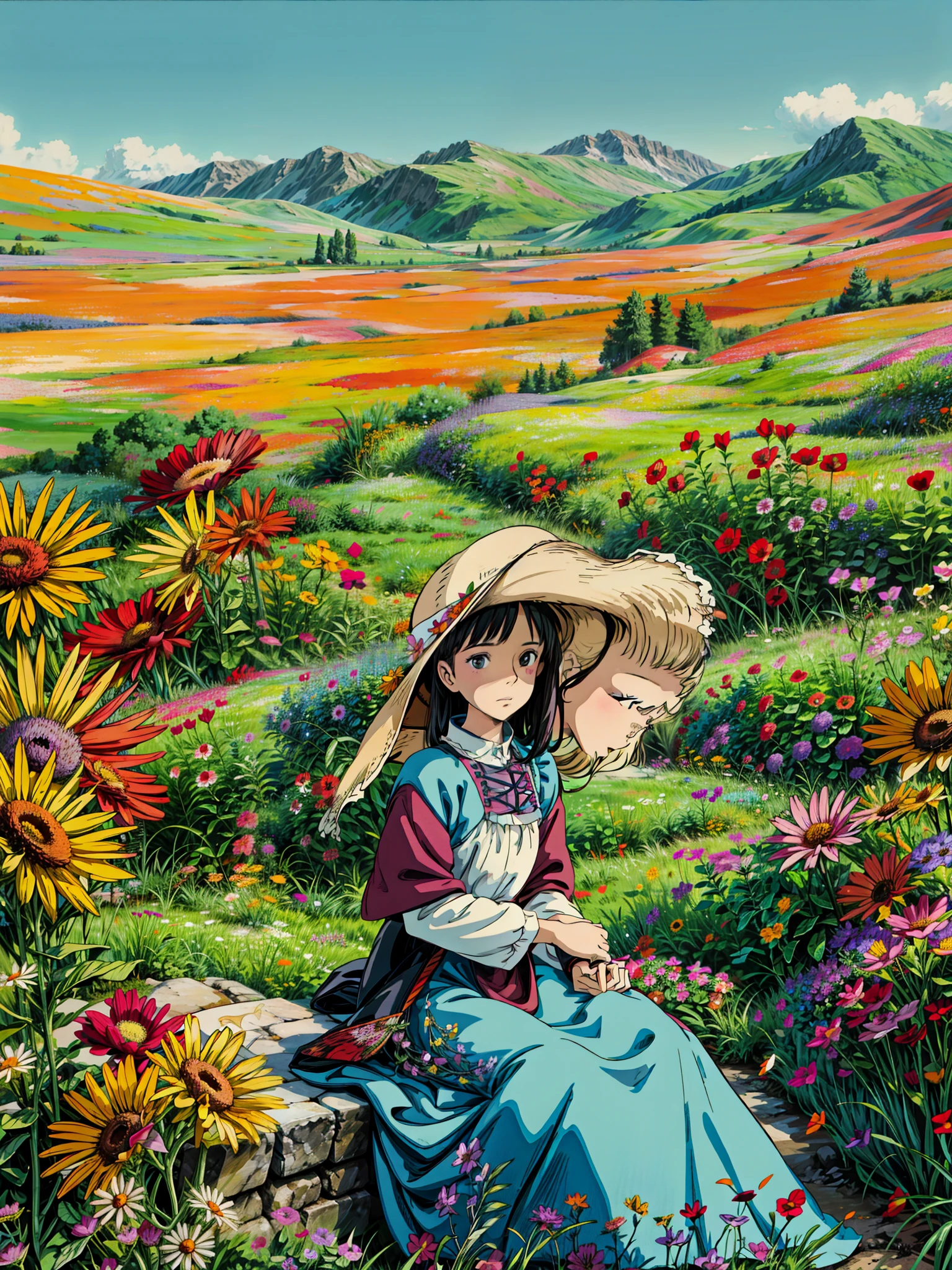 a painting of a person sitting in a field of orange flowers, daisies and poppies, field of wild flowers, standing in a flower field, young girl lies on a meadow, girl frontal in a flower field, lying on a bed of daisies, flower field, girl floating in a flower field, field of flowers, flower fields, sitting in a field of flowers, wildflowers, 4k hd,, beautiful art uhd 4 k, a beautiful artwork illustration, beautiful digital painting, highly detailed digital painting, beautiful digital artwork, detailed painting 4 k, very detailed digital painting, rich picturesque colors, gorgeous digital painting