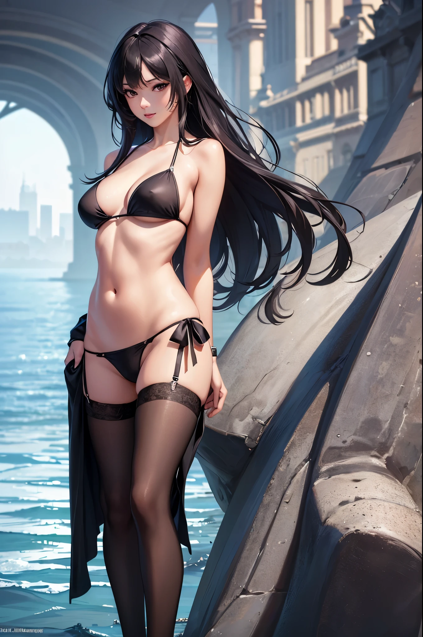 (masterpiece),4k, (ultra realistic), (best quality), (high detailed face),sexy, 1girl, a beautiful girl near the river, slim, long legs, (bikini), (flat chested), (black stocking), (front view), (ultra detailed body), (ultra detailed hair), (high detailed hands), anime, (on all four:1.4)