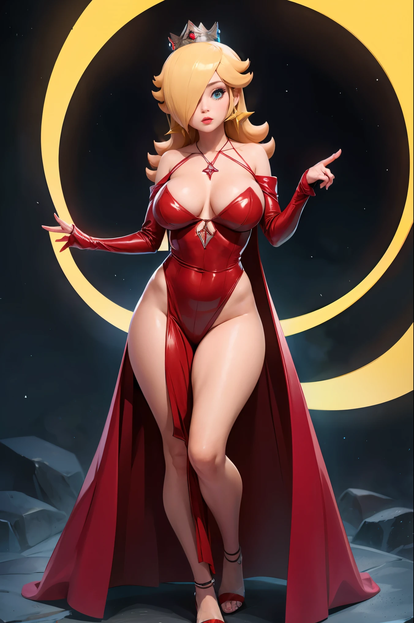 (best quality). (Ultra Detalhado). (1girl), Olhando para o Viewer. (Antecedentes detalhados). belos olhos detalhados. rosto delicado e bonito. (high saturation), seios grandes, droopy breasts, sexy Scarlet Witch costume, full body, long legs, black stockings, big breasts, tiara on a head