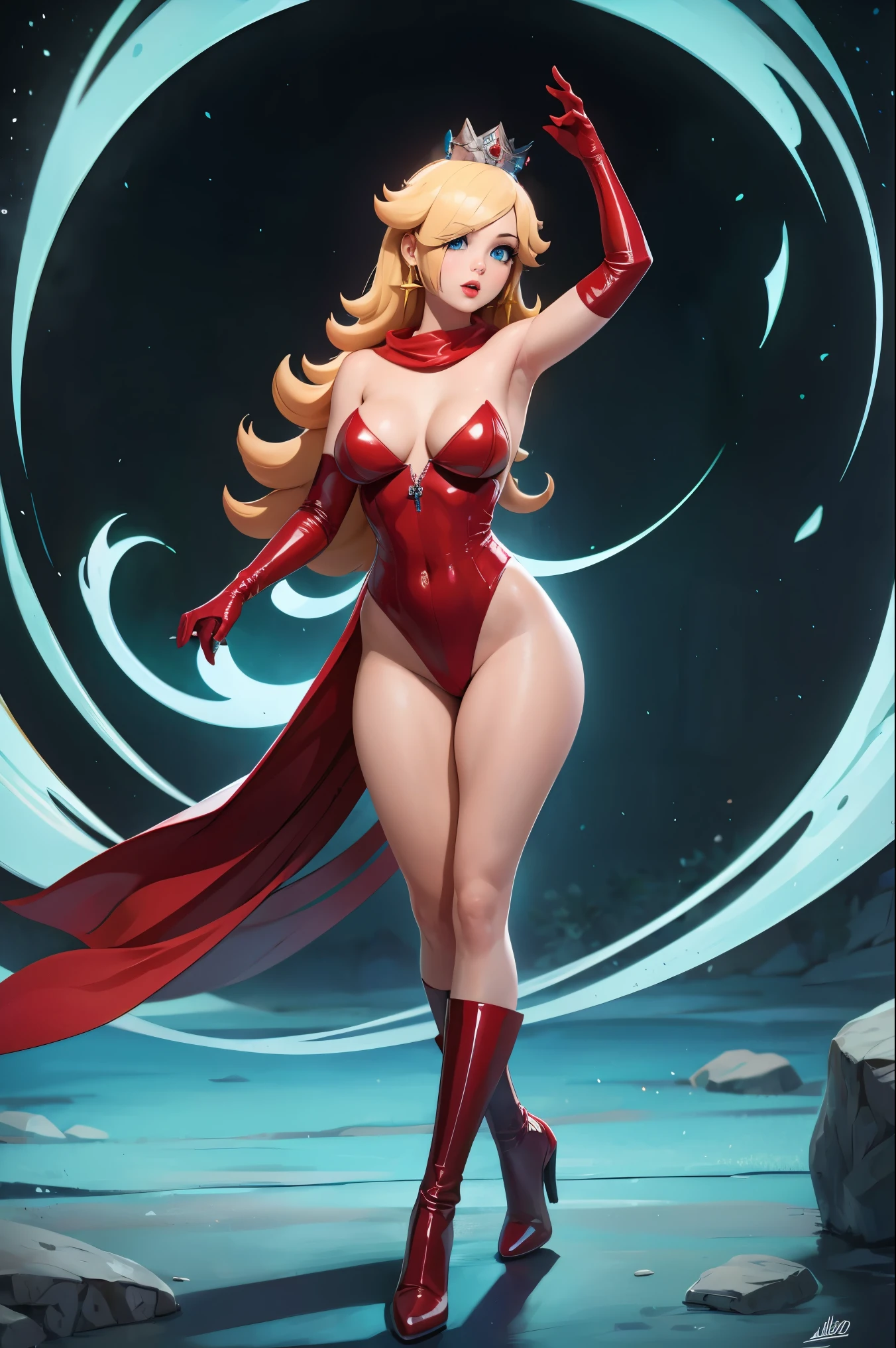 (best quality). (Ultra Detalhado). (1girl), Olhando para o Viewer. (Antecedentes detalhados). belos olhos detalhados. rosto delicado e bonito. (high saturation), seios grandes, droopy breasts, sexy Scarlet Witch costume, full body, long legs, black stockings, big breasts, tiara on a head