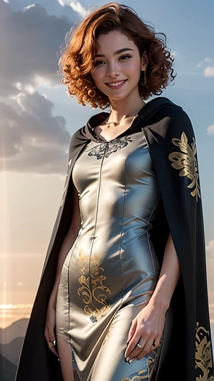 ((best quality: 1.5)) ((masterpiece: 0.8)), intricate details, sharp focus, professional, photorealistic, real life, realistic representation of the face, ((((solo, 1girl) muscular assassin, golden hour, (smiling, god rays, [flat chest:medium breasts:0.8])))) dynamic action pose, homely face, in the style of realistic and hyper detailed renderings, mountain top, outdoor, evening, setting sun, solo, BREAK; BREAK (((ginger curly hair))), (blemish: 0.7), ((fujicolor)), BREAK; BREAK ((((looking down, (matte black silver chinoiserie summer dress), cloak), clear green eyes), photorealistic, hyper-realistic))