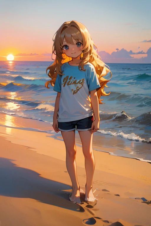 a cute 5 year old church girl named Mia, brownish blonde hair, long wavy hair, short sleeved blue wish week tshirt, shorts, on a sandy beach, sunset, standing in the sand, slight smile