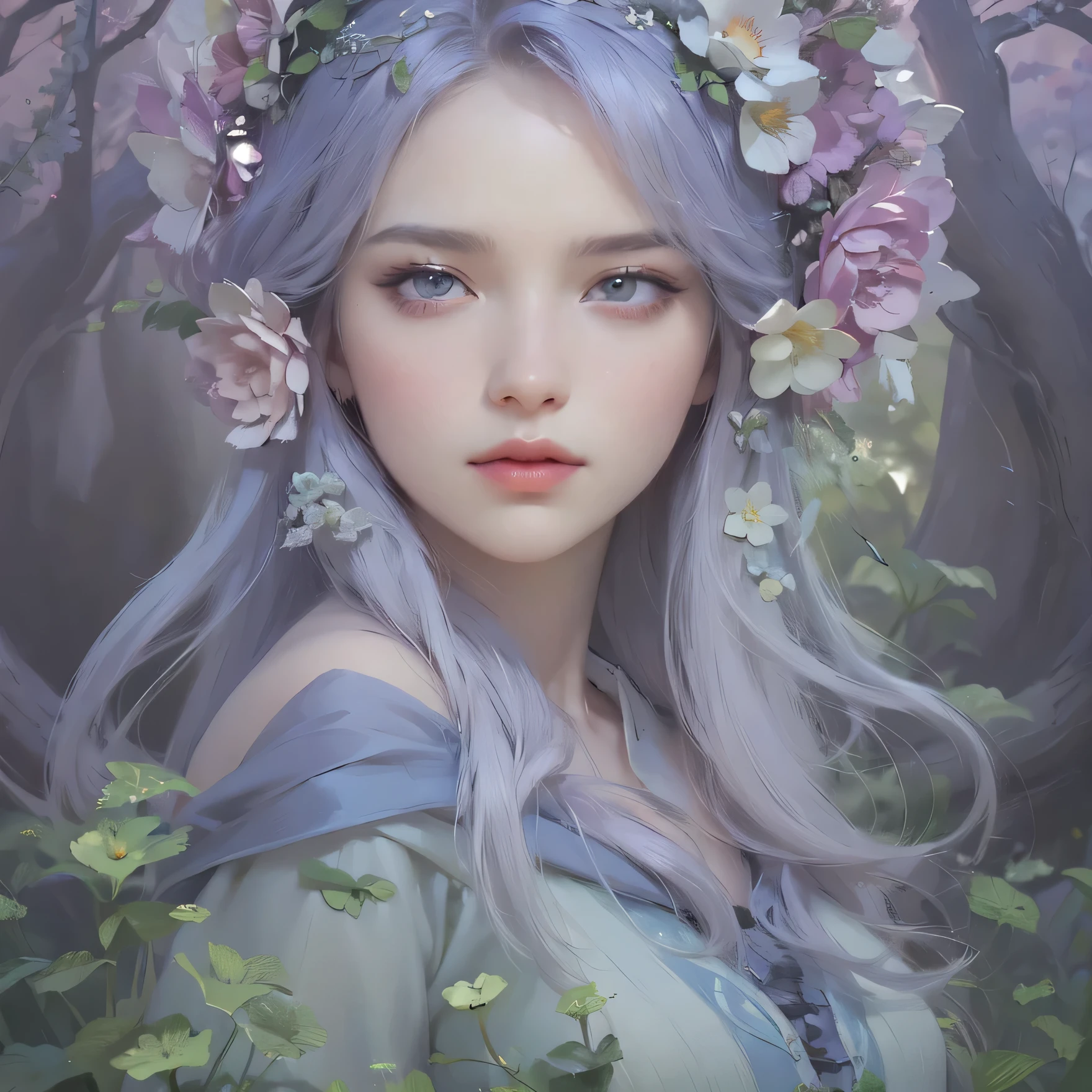 there is a woman with a flower crown on her head, beautiful fantasy portrait, beautiful fantasy art portrait, fantasy art style, artwork in the style of guweiz, beautiful digital illustration, fantasy portrait, ethereal beauty, beautiful fantasy art, fantasy art portrait, beautiful digital artwork, a beautiful artwork illustration, beautiful digital art, beautiful character painting, digital fantasy art )