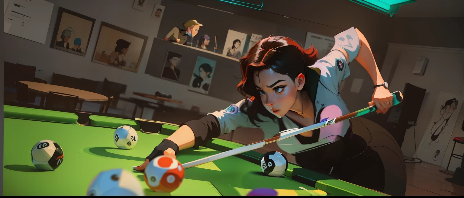 cartoon of a woman playing pool with a racket and ball, inspired by Tomer Hanuka, brittney lee, painted in anime painter studio, by Shingei, keyframe illustration, loish art style, cel - shaded art style, inspired by Asaf Hanuka, loish |, wip, cel shading, keyframe, animation still, background artwork