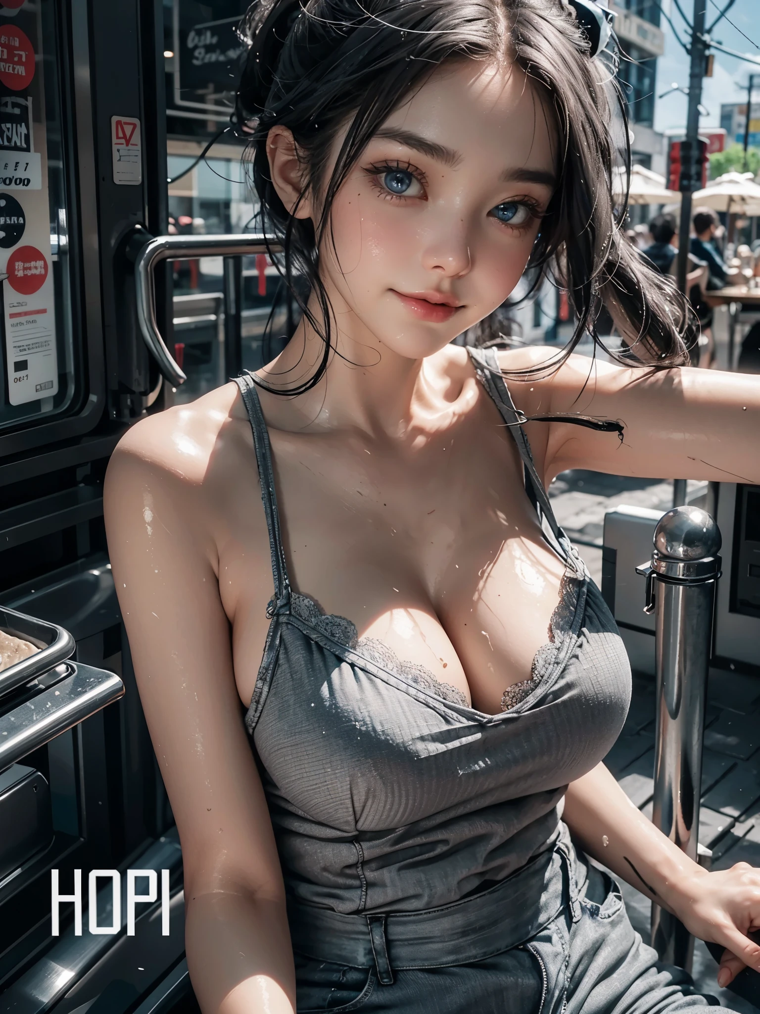 Best Quality, Realistic, (gray short hair girl), with fair skin and seductive blue-eyes, damp skin, detailed face, huge eyes, very small face, detailed eyes, big eyes, dropy eyes, Double eyelid, Glossy eyes, (Wearing Monotone shorts), Adopt a curvaceous posture, damp skin, daily、in a cafe, happy, Smiling, With a high ponytail and large breasts, Wet udder、wet breasts、large soft breasts、Ingrained skin, ingrown breast、bold exposure、wet skin、damp skin、captivate your audience、leaning forward、Adopt a curvaceous posture, Blurred background