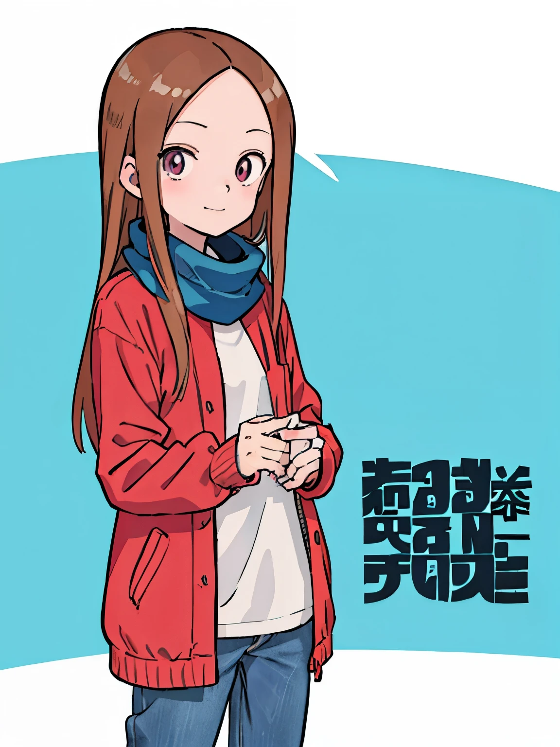 takagi, ropa de invierno, 12 year old girl, ojos color turquesa, cabello dorado, loose blue pants, bufanda roja