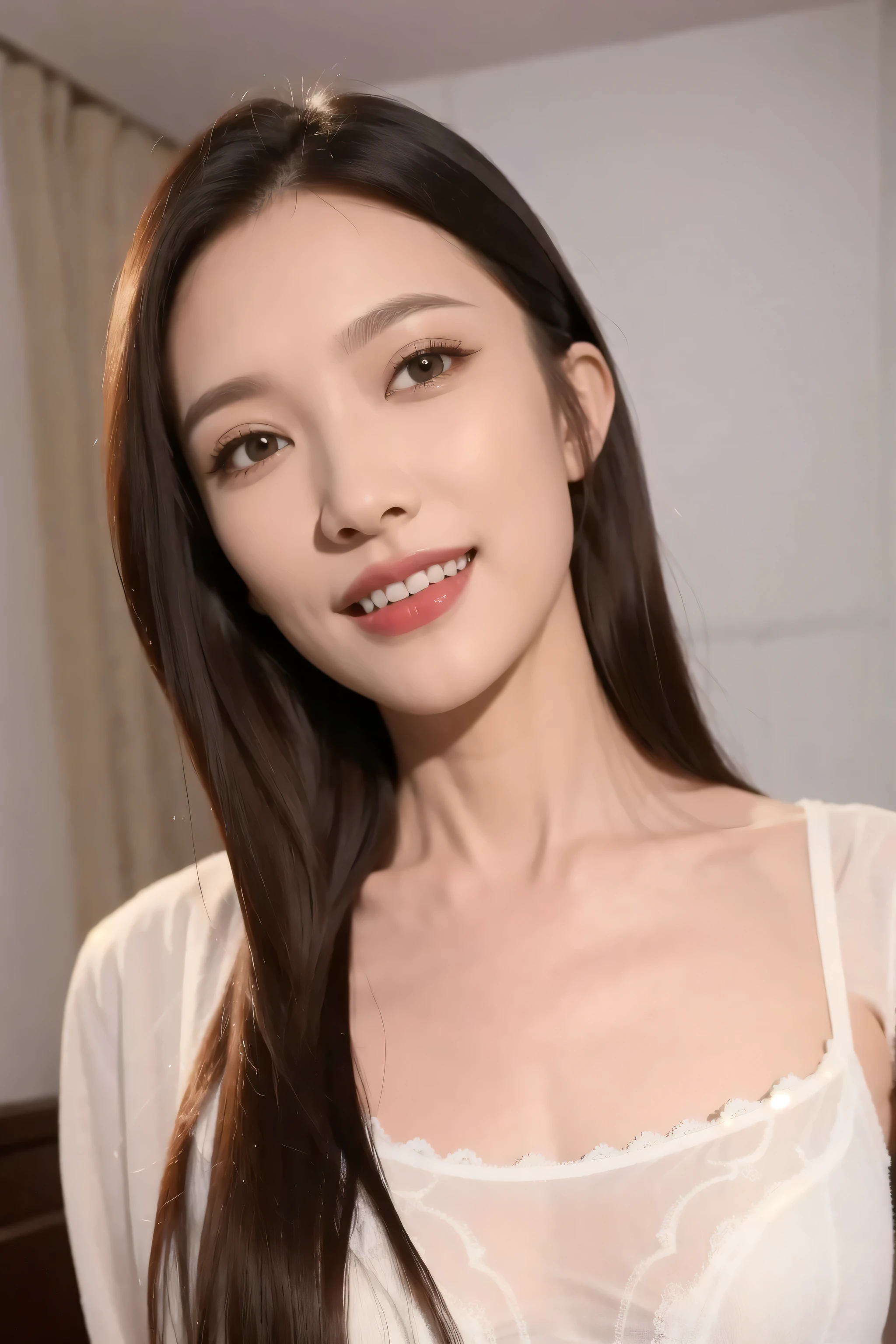 fashion model 20 years old [[[[close up]]]], [[[[neck]]]], [[[[Shoulder]]]], perfect eyes, perfect iris，perfect lips，perfect teeth，Perfect skin，White skin，Soft headlight，High Density Imaging Review，long black hair，（Face is clear and delicate），((white lace underwear))，((Sexy))，(((charming smile)))，((The background is the bedroom))，((Deluxe king bed))，best quality，masterpiece，（pastel colors：1.2）