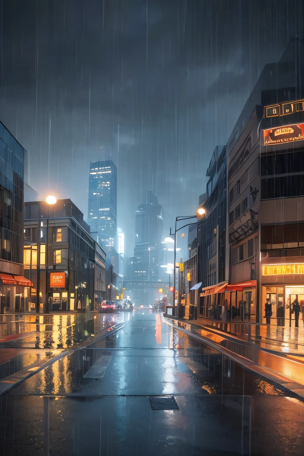 paisagem da cidade na chuva, volumetric lighting, ultra detalhado