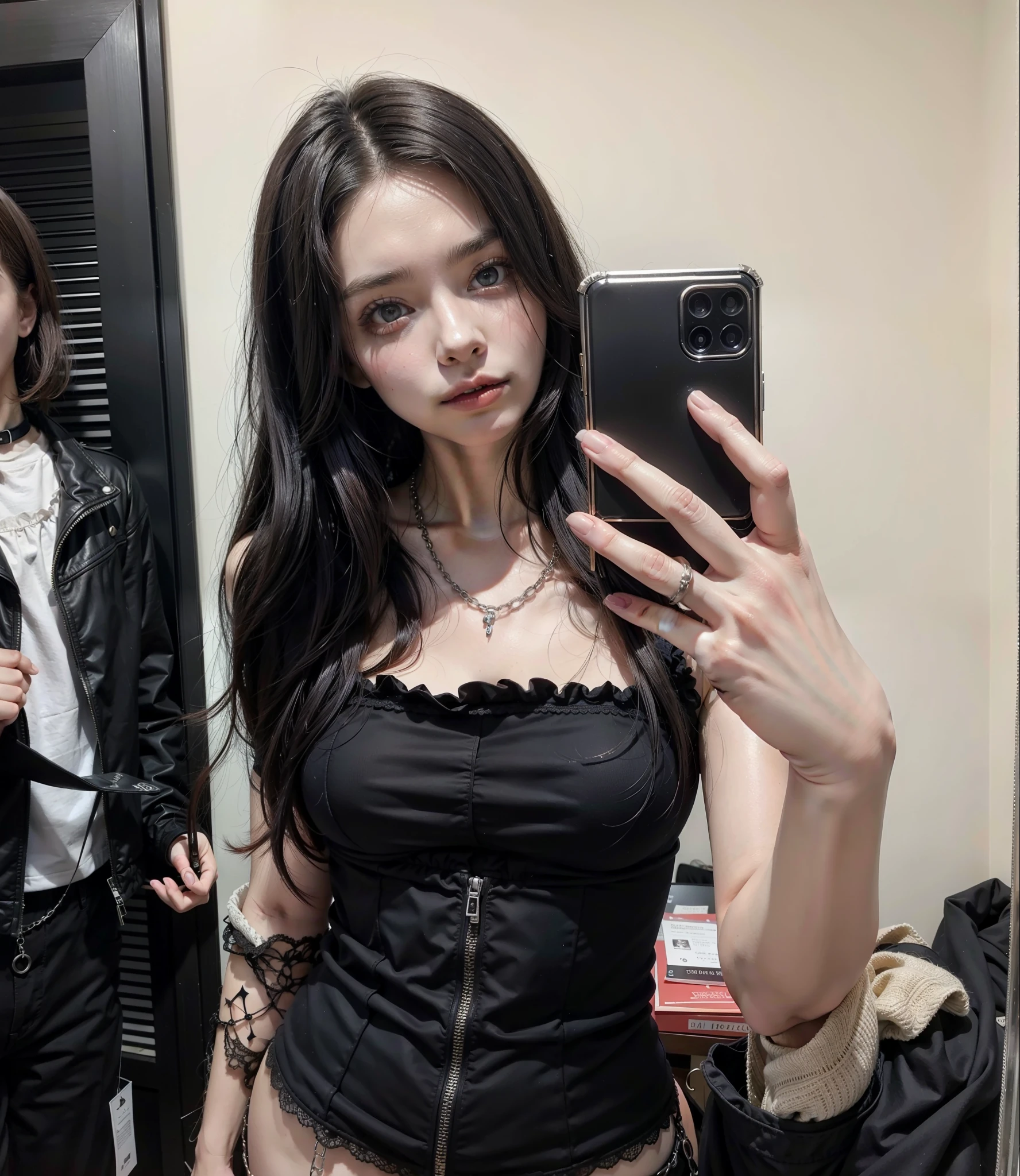 there is a woman taking a selfie in a mirror, 1 7 - year - old gothic girl, gothic girl aesthetic, pale gothic beauty, 18 years, gothic aesthetic, gothic girl, muy hermosa top model goth, 16 years old, gothic horror vibes, gothic shopping center, con pelo largo y ojos penetrantes, she is about 2 0 years old