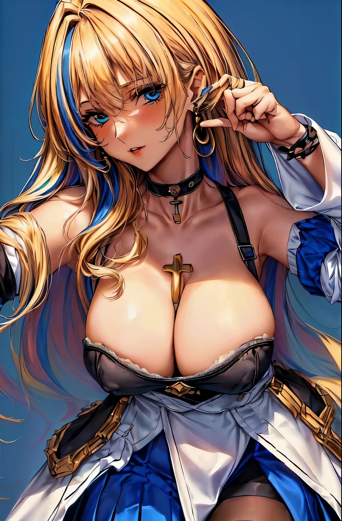 solo,human, navel, (masterpiece, best quality), (1girl, mature female, milf, motherly, serval landau, midlle-sized breasts, narrow waist, blonde hair, blue hair, multicolored hair, blue eyes, bangs, hair between eyes, streaked hair:1.4), (maid costume,maid hair band,black pantyhose, blue dress, earrings, choker, thighhighs, navel, skirt, detached sleeves),perfect face,perfect body,clear and detailed face, multicolored hair, blue eyeball, long blonde hair, origin costume, choker