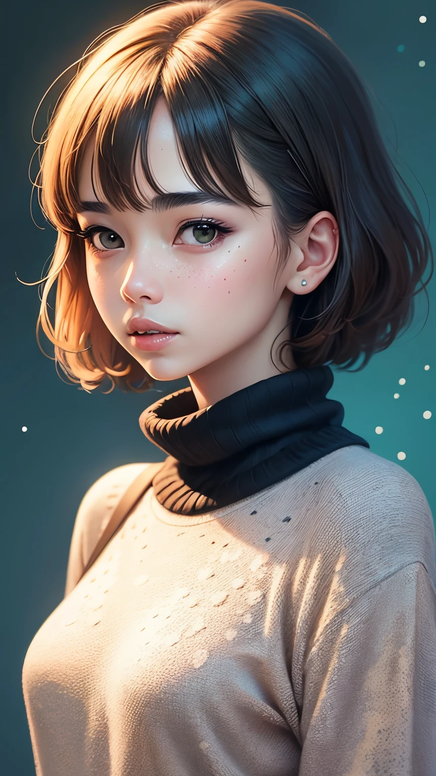(masterpiece, best quality:1.2),illustration art,Kusama Yayoi's style,simple background,a beautiful girl,Skin detail processing,The eyes are very detailed,sweater,(((Speckled pattern))),green,blue,White,,black