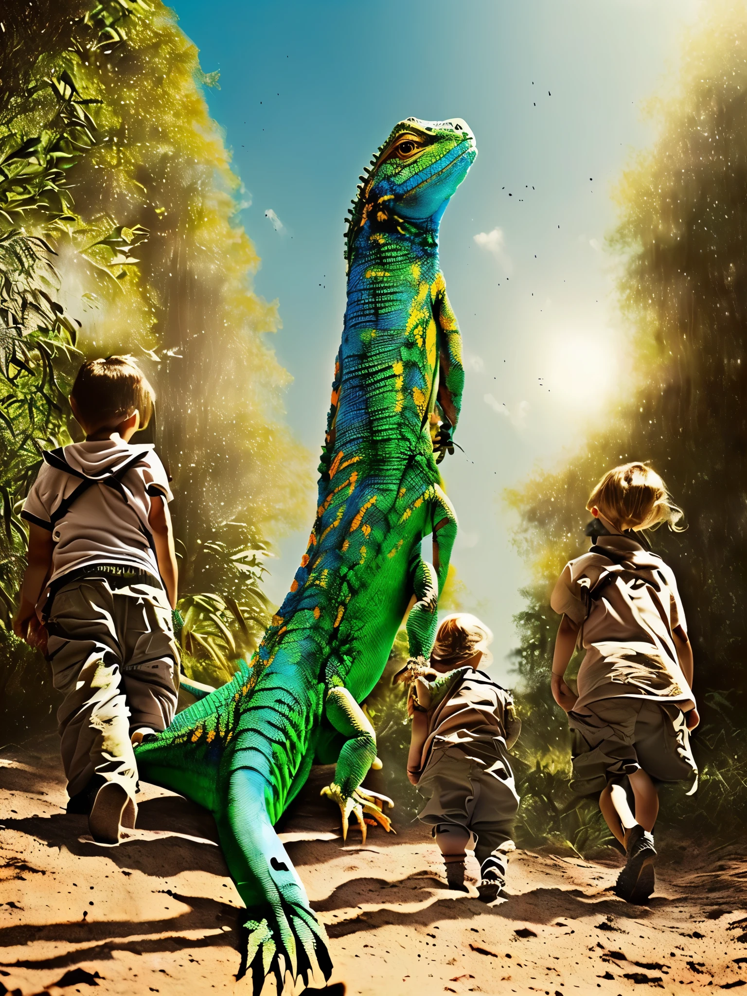 ((giant lizard reptile and small people walking below:1.5)), ((epic and dramatic jungle landscape scene:1.5)),((Imaginative scene)),((perfect, meticulously detailed: 1.4)), ((take full: 1.4, dynamic pose: 1.3), ((Best Quality)), ((Masterpiece)), 3D, (Hyper Detailed: 1.3), ((Epic Landscape: 1.3)), (Photorealistic: 1.4), (( Front camera, wide shot)), ( (Low-light night movie lighting: 1.2)) .32k.