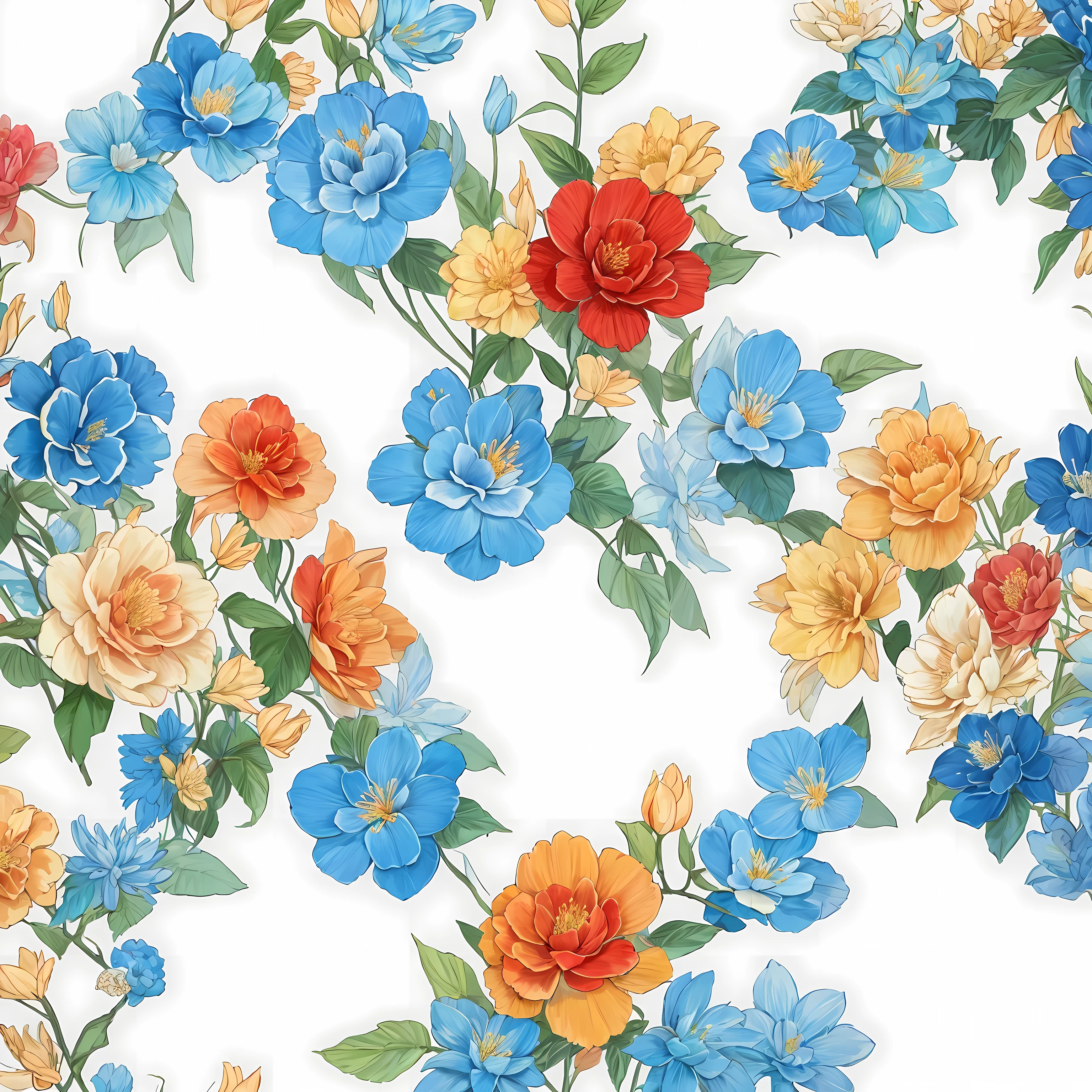 seamless flowery pattern with red and blue flowers and bees, blooming tropical flowers, flowery pattern, Garden floral pattern, Seamless pattern design, tropical flowers, plantal background, large jungle flowers, 热带plant和花卉, Chinese style pattern, beautiful tropical flowers, flowery, Highly detailed patterns, plant, Inspired by Maria Sibylla Merian, Elegant tropical print