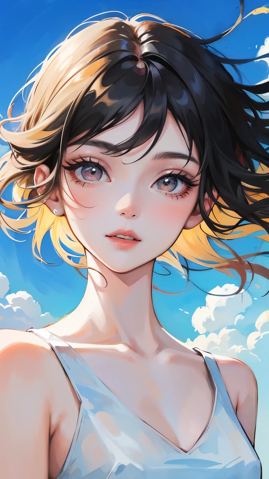 young girl　black hair　short hair　red eyes　irreverent face　look down　thin body　thin thighs　small breasts　small ass　toned body　blue sky　cloud　hair blowing in the wind　high quality　High resolution　8k　vampire　watercolor　natural feel　bridge of the nose　((最high quality)), ((masterpiece)), (get used to it), dignified face　grassland　close up of face　Beautiful as a goddess　whole face　lipstick　eye shadow　naked 　ID photo style　long eyelashes　Accurate　No decoration　Bare skin　　No accessories　In underwear　　8 life size　can&#39;I can&#39;　landscape　painting　See-through