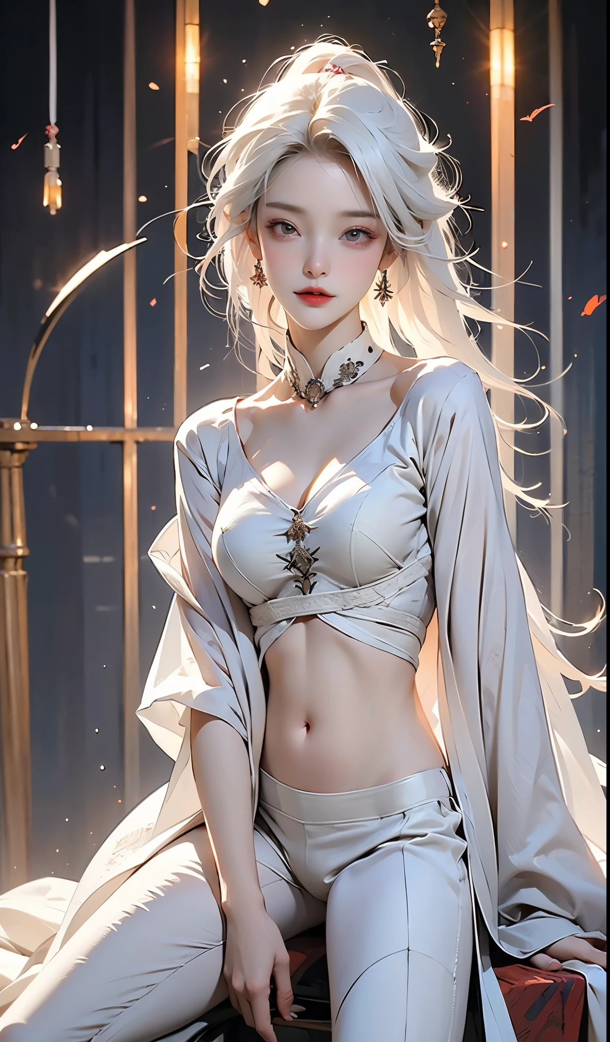 tmasterpiece, Best quality at best, nearing perfection, (s the perfect face:1.1), (high detal:1.1), dramatics, (1 person), pale-skinned, (long pure white hair:1.4), White eyes, Otto Sepalainen, Alone, long whitr hair, white luxury suit, Cover the navel, snob, albinism, Luminous Studio graphics engine, pouting, Demonic Magician, Volumetriclighting, detailed eyes, (8k wallpaper tmasterpiece), ultra - detailed, intricately details, Absolutely pixel perfect, rosette, Fashionab, side, looking at viewert, BalenciagaStyle