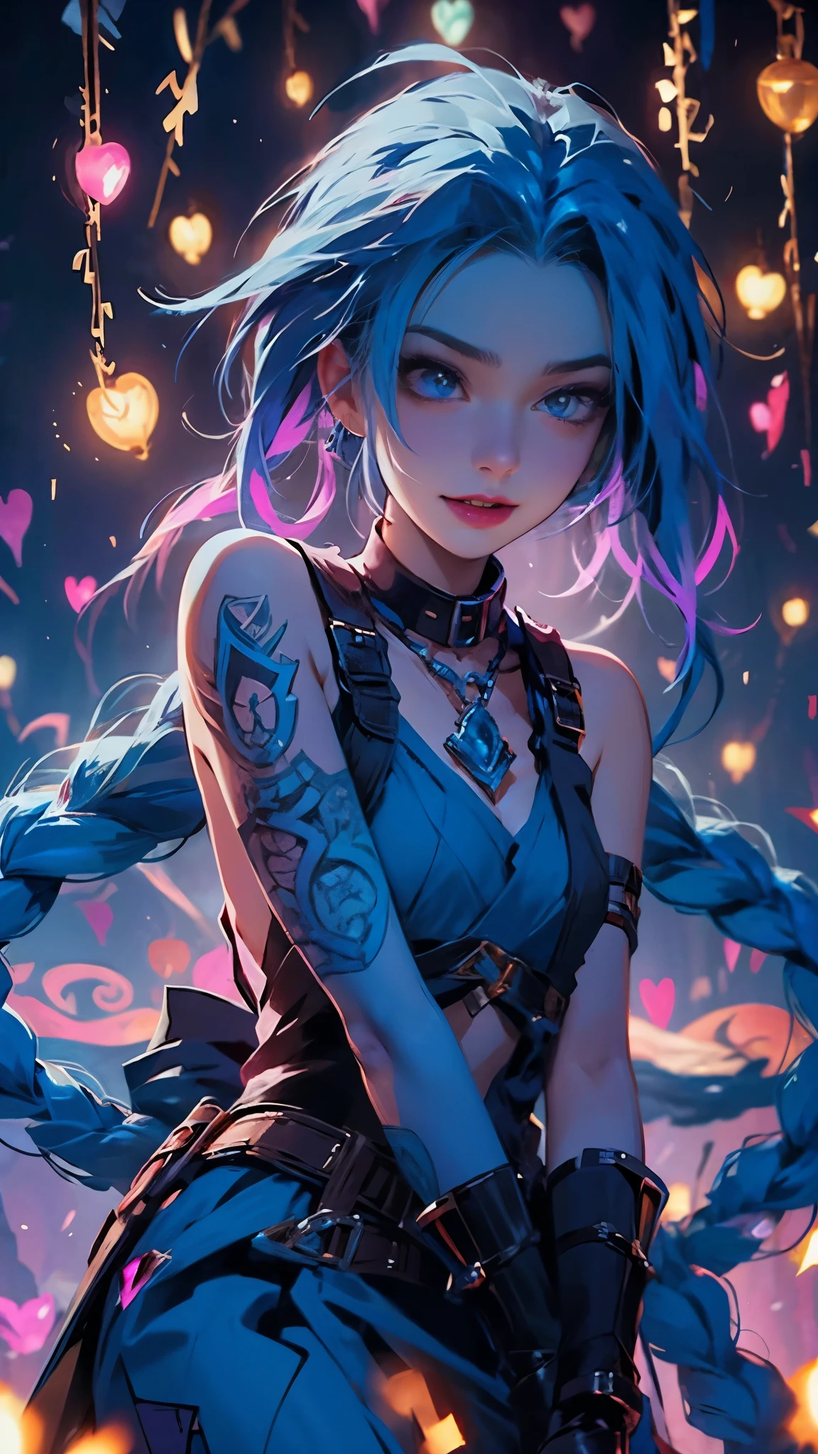 Jinx, League of Legends, completely nude, big , gorgeous body, crazed sexual look on her face. 