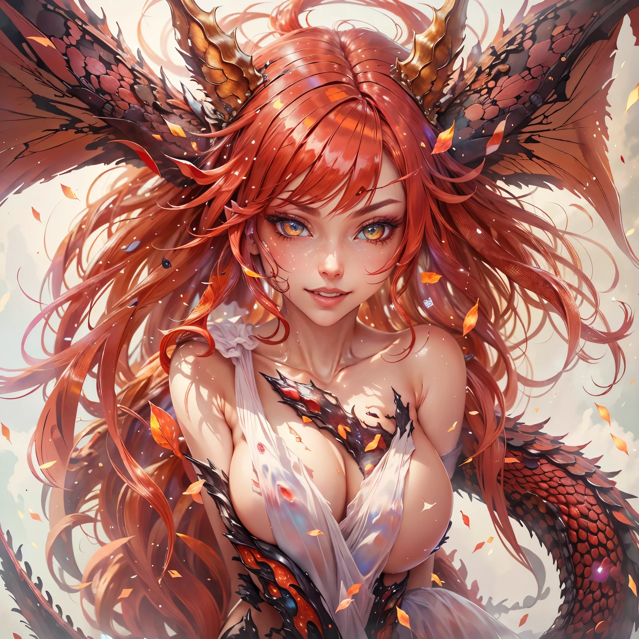 (best quality,4k,8k,highres,masterpiece:1.2), ultra-detailed, realistic, sexy gon woman with red glittering scales, long fiery red hair, very playful but mischievous smile, naked, ndetaileotch, detailed vulva, detailed pussy, sexy pose,ad legspread pussyful, bi-coloured eyeterochromia, lustful