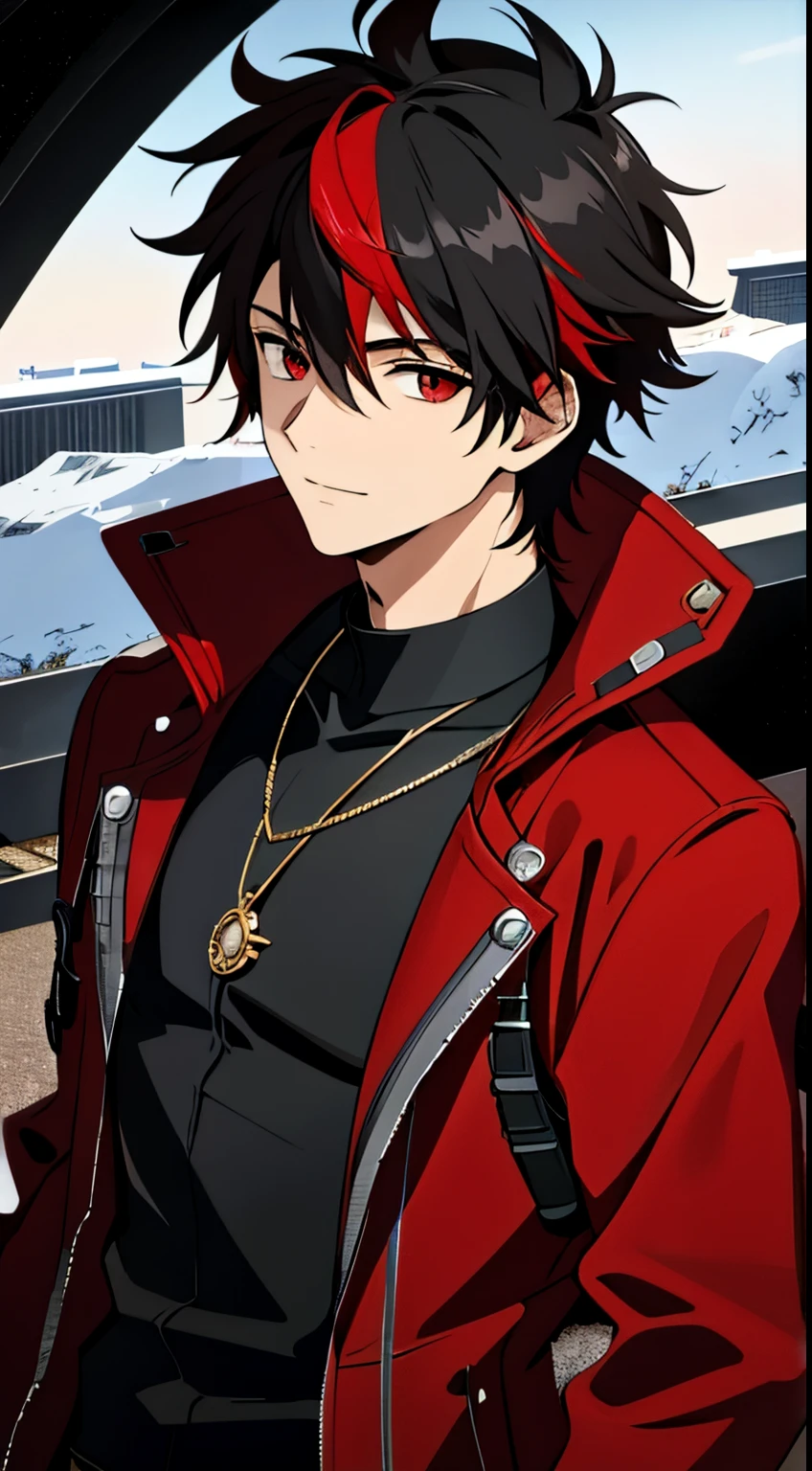 (high-quality, breathtaking),(expressive eyes, perfect face) 1boy, male, solo,  adult, black hair, red streaks in hair, red highlights, fire red eyes, soft wavy hair, short hair length, soft smile, spiky hair, fluffy hair, spiked up hair, black and red punk jacket, red shirt, confident smile, age 1cle locket pendant necklace, battle scars on cheek, battle scars on neck, battle scars on torso
