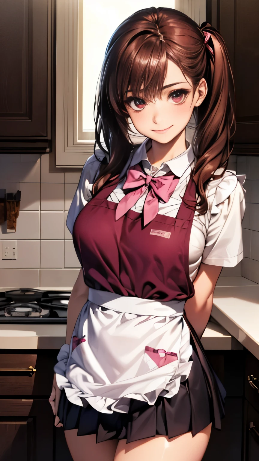 (masterpiece:1.2, highest quality), (realistic, photorealistic:1.4), beautiful illustrations, (natural side lighting, movie lighting), NSFW,
looking at the viewer, (face focus, Upper body), 1 girl, Japanese, high school girl, perfect face, Cute symmetrical face, shiny skin,
(long hair:1.5, twin tails:1.4, dark brown hair), asymmetrical bangs, dark red eyes, shining eyes, Big eyes, droopy eyes, long eyelasheedium breasts), thin, dark red hair ribbon,
beautiful hair, beautiful face, fine and beautiful eyes, beautiful clavicle, beautiful body, beautiful breasts, beautiful thighs, beautiful feet, beautiful fingers,
((Pink ruffled apron, white collared shirt, dark red pleated mini skirt), dark red bow tie),
(beautiful scenery), evening, (kitchen), Are standing, arm behind head, (cute smile, upper grade),