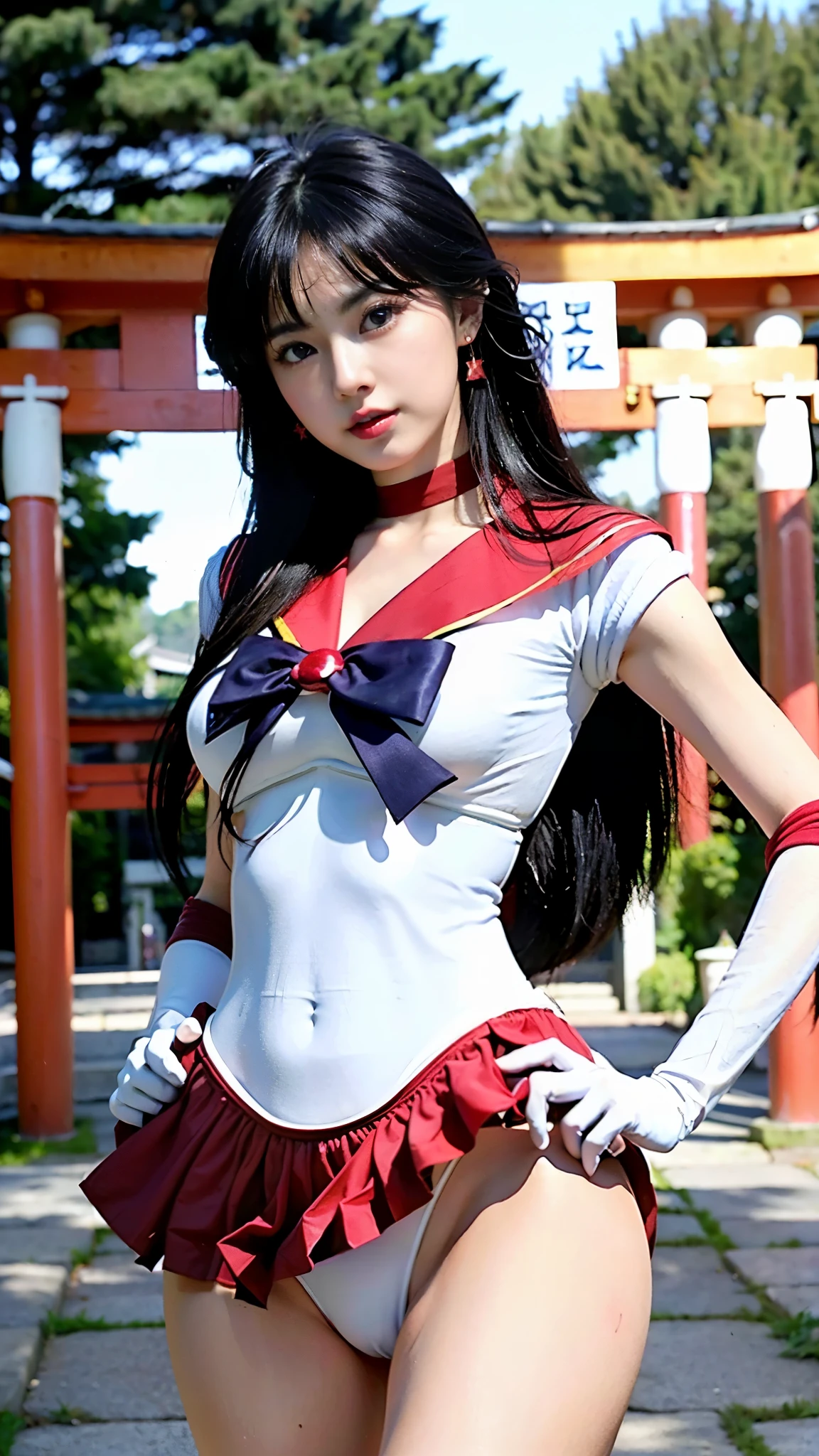 16K quality、highest quality, high resolution, real photos, (Super realistic、photorealistic)、(((long shot、standing full body image)))、(((Full moon night shrine、outdoor shrine、Stone torii gate))) 、(((sailor mars)))、(((sailor warrior、big red sailor collar、ハイウエストのbright red pleated mini skirt、Ultra-thin skin-colored stockings、star earrings、V-shaped skirt waistline、red high heels、purple ribbon on chest)))、(((bright red pleated mini skirt)))、(((gold tiara)))、(((white long gloves:1.5)))、((long black hair、Dynamic Hairstyle、Black super long hair))、(((赤いミニスカートを自分で捲り上げているsailor mars)))、(((Grasp the hem of her bright red miniskirt with both hands and roll it up to reveal her white panties.)))、((Pure white high-leg panties))、((Very erotic appearance))、(((I'm enchanted、open your mouth、I'm exhausted)))、 (((ecstatic expression、A face full of pleasure、feel ecstasy、reach the climax、Eyebrows and outer corners of the eyes drop)))、embarrassing、red choker with gold starasterpiece、highest quality、(((Pure white high-leg panties)))、delicate body、slim、beautiful legs、barefoot、(Big eyes、very beautiful and modest makeup, Makeup is light,)、(Cute Japanese girl in her 20s)、perfect body、perfect hands、perfect hands指、detailed and beautiful lips、Clear, beautiful face and well-proportioned eyes、highly detailed eyes and face、well-groomed nose、thin eyebrows、(perfect eyes)、 (F cup breasts)、 border light, (soft light, high quality, smooth and sharp, 10x pixelization, beautiful eyeshadow),((NSFW))、(cute japanese girl)、detailed and beautiful lips , cute round face, plump thighs、emphasize the thighs、hairstyle with bangs、delicate body、slim、skin that reflects light、model body shape、detailed fingers、beautiful eyes、long eyelashes、8head and body、Low - Angle、light reflected in the eyes、smaller face、double eyelid、big eyes、lip gloss、looking at the camera、background bokeh、Movie lighting from the front、light on the face