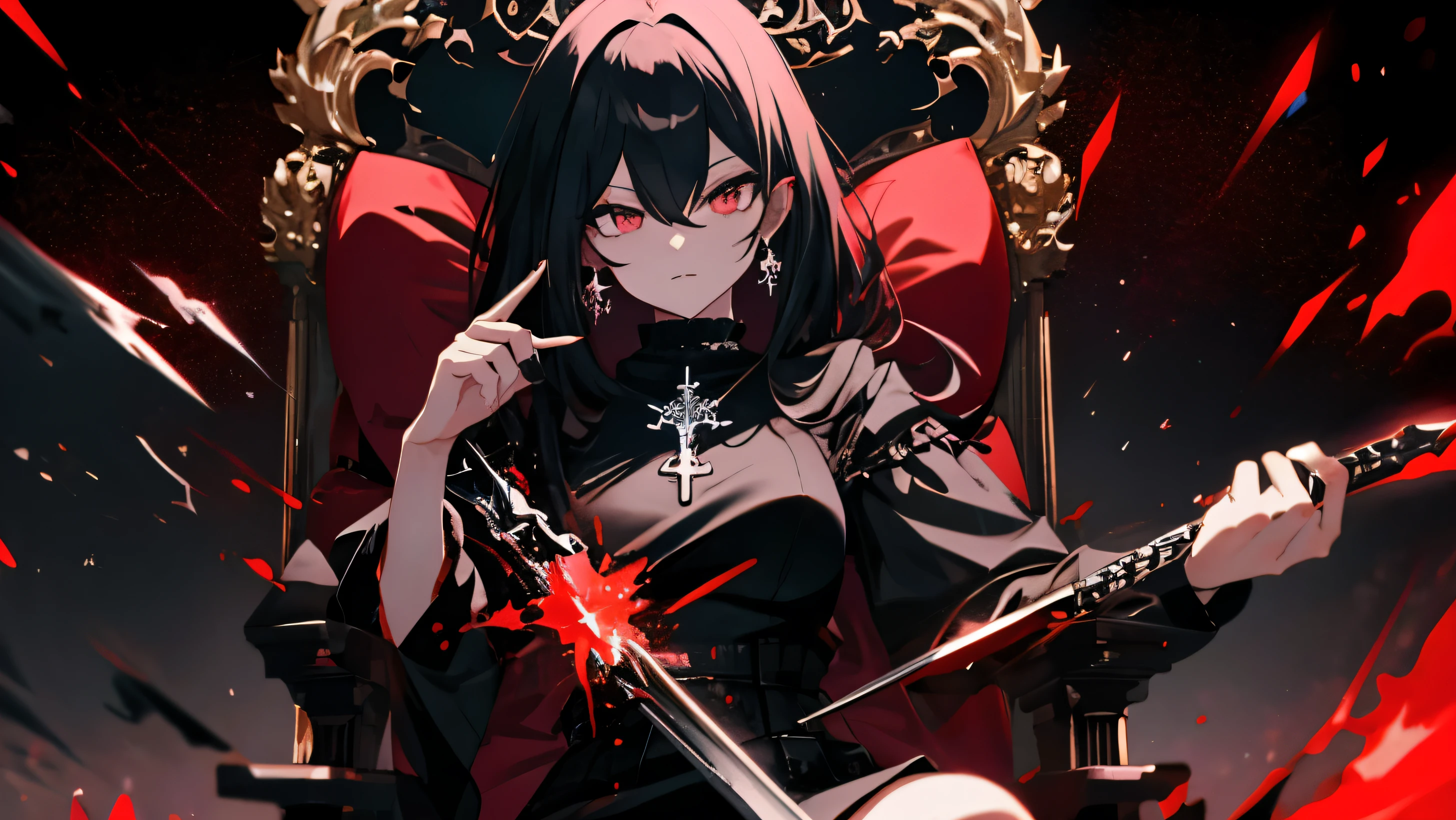 sit on a gothic chair, cross your legs、long black hair, aurora, knot choker, medium breasts, red ruby pendant, shine , red magic, put your hand on your mouth, messy hair, mature woman, beautiful black eyeliner, close, Clothes, beautiful sense of superiority,red long dress, shine拳, night, standing in an open field, sword in red hand.Big Red Sword,South Korea,nightの背景