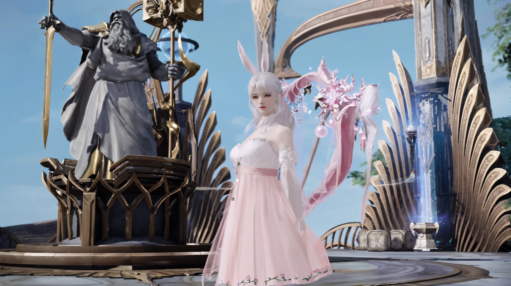 il y a une femme en robe rose debout devant une statue, tenue fantastique, style final fantasy 14, dressed like a cleric, white-haired deity, lineage revolution style 2, hyper-detailed fantasy character, tenue blanche et rose clair, from lineage 2, robe fantaisie, blanc et rose, une belle impératrice fantastique, lunar themed outfit