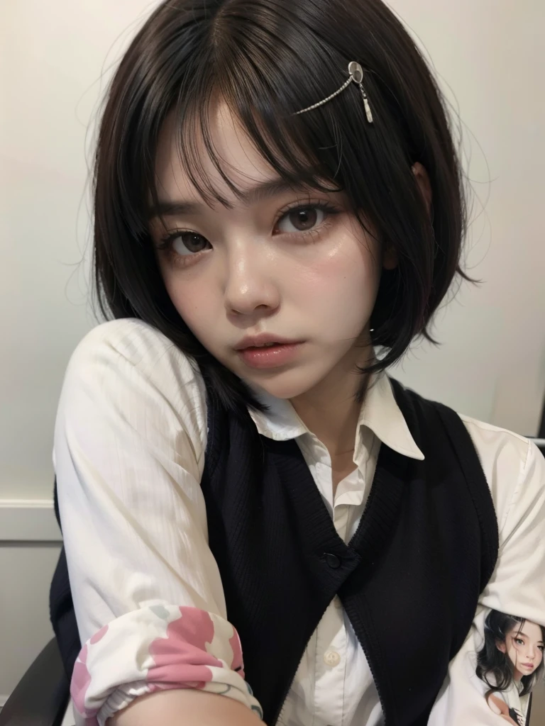 ((best quality, 8K, masterpiece :1.3)), 1 Cute girl, young, Cute and cute face, Black Hair, Tie your hair up, Oversized Boyswear, Aesthetic selfies, Ultra-fine face, Big breasts are extremely perfect, Delicate eyes, Double eyelids, big eyes, Straight nose, Long eyelashes, Detailed eyelashes, V-Shaped Face, Random pose, aesthetic posture, (Random aesthetic background)