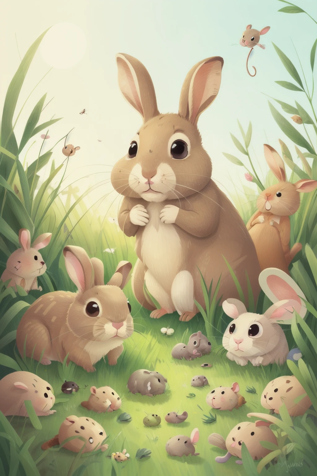 The animals hiding in the grass, there are rabbits and mice, I can feel that they are very afraid in the grass, high detail, HD, illustrations, children's picture book