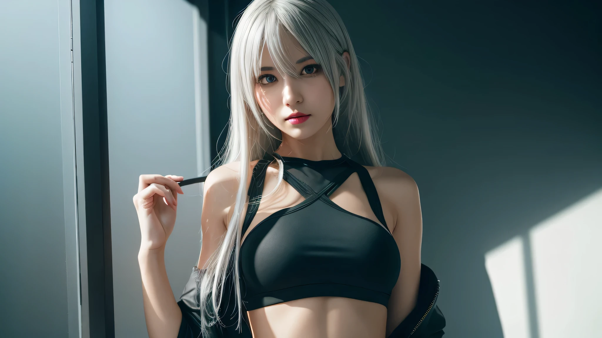 there is a woman with a very large breast posing for a picture, 2 b, 2b, with abs, perfect white haired girl, photo of slim girl model, wearing a sexy cropped top, beautiful midriff, sexy look, anime girl in real life, beautiful cyberpunk woman model, shot on canon eos r5, shot on canon eos r 5, solo, 1 girk