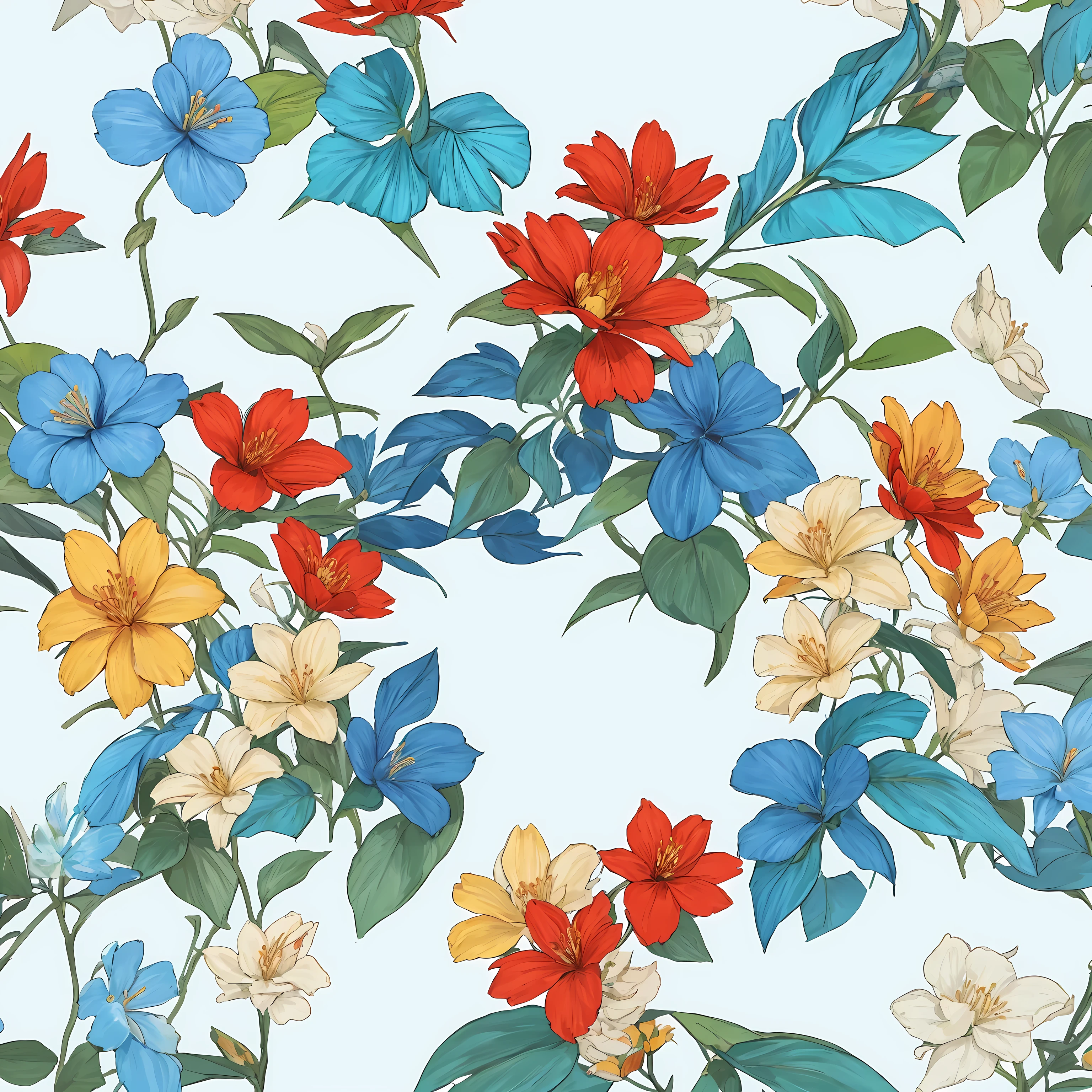 seamless flowery pattern with red and blue flowers and bees, blooming tropical flowers, flowery pattern, Garden floral pattern, Seamless pattern design, tropical flowers, plantal background, large jungle flowers, 热带plant和花卉, Chinese style pattern, beautiful tropical flowers, flowery, Highly detailed patterns, plant, Inspired by Maria Sibylla Merian, Elegant tropical print