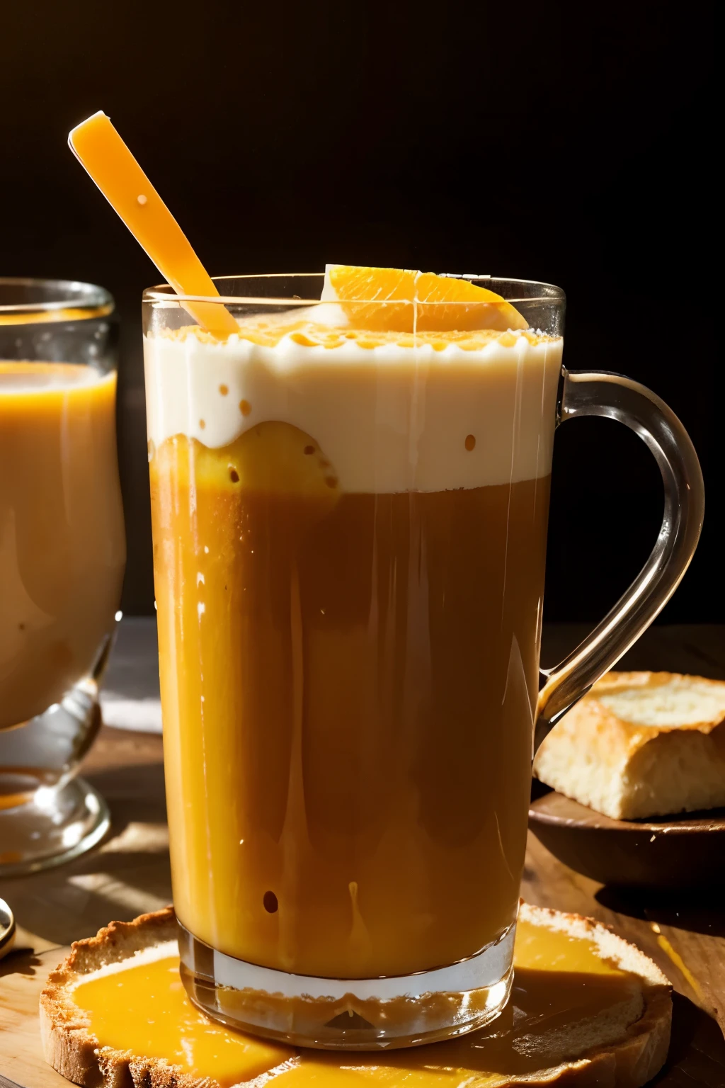 generate the image of an orange juice in a glass, then, next to it, put a cup of coffee with cream on it, and finally put a slice of perfectly cut bread 🍞 infront of the orange juice and the coffee