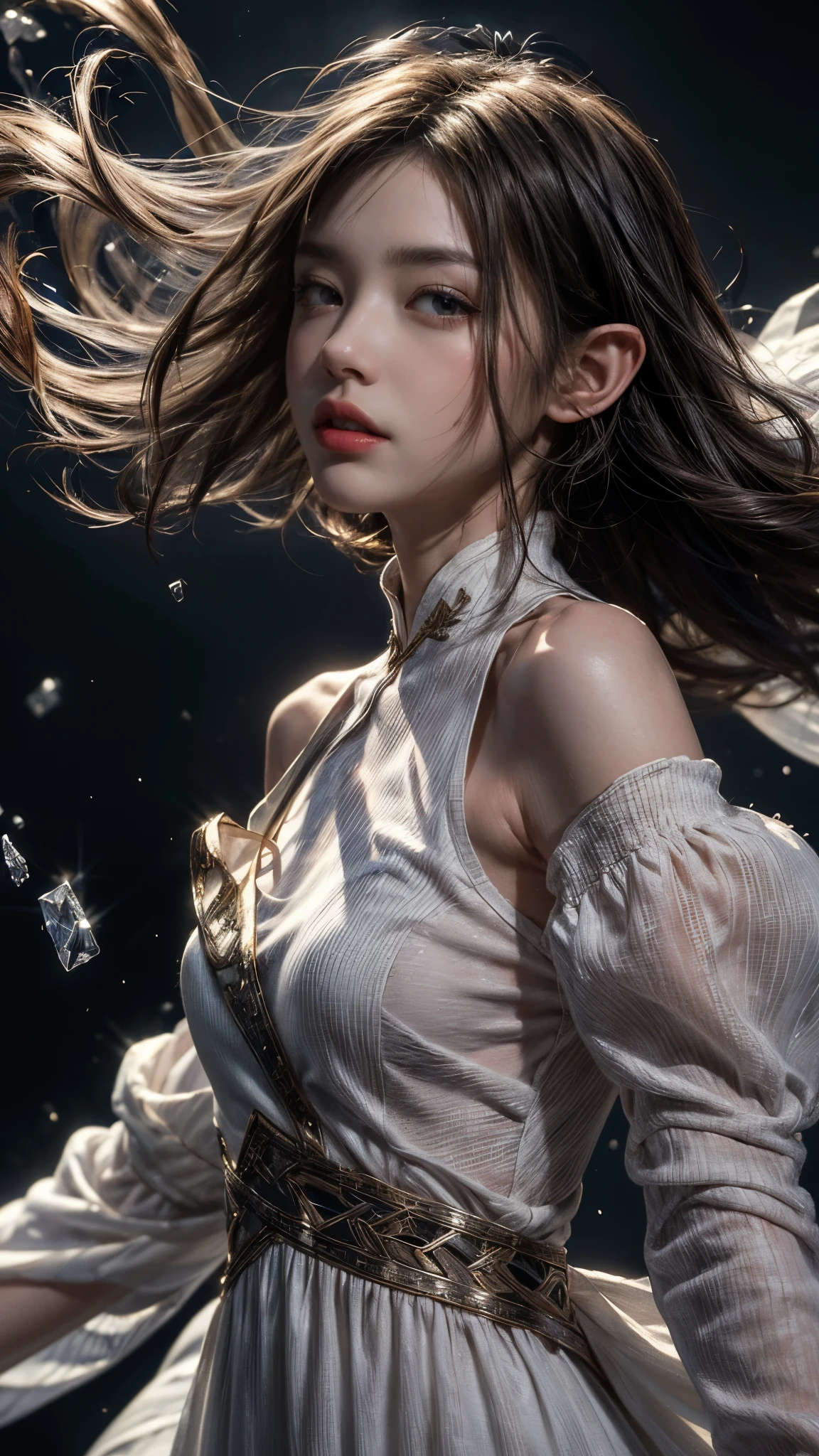 (masterpiece, Highest品質, Highest, official art, beautiful and aesthetic, exposed for a long time: 1.2), smooth movement, attractive pattern, 1 girl, (long dress with sleeves: 1.3), (((white clothes) )), Upper body close-up, bare shoulders, chinese girl, blush, black lob hair, portrait, alone, Upper body, Watching the observer, detailed background, detailed face, (Crystal AI, crystal theme:1.1), wind elemental elf, Rotating wind, control the wind, White crystal clothes, dynamic pose, suspended particles, etheric dynamics, whirlwind, vapor, whirlwind in the background, white tone, whirlwind, fantastic atmosphere,