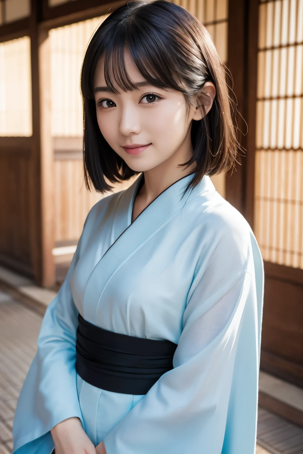 (kimono)、Random pose、(top quality,Masterpiece:1.3,ultra high resolution,),(super detailed,Caustics),(realism:1.4,Original photography,)Ultra-realistic capture,a very detailed,High resolution 16K close-up of human skin、 natural skin texture、、Skin looks healthy and even-toned、 Use natural light and color,1 girl,Japanese,kawaii,A black-haired one,Zhongfa,,Smile,,(depth of field、Color difference、、Wide lighting range、natural shadow、)、Half-length photo
