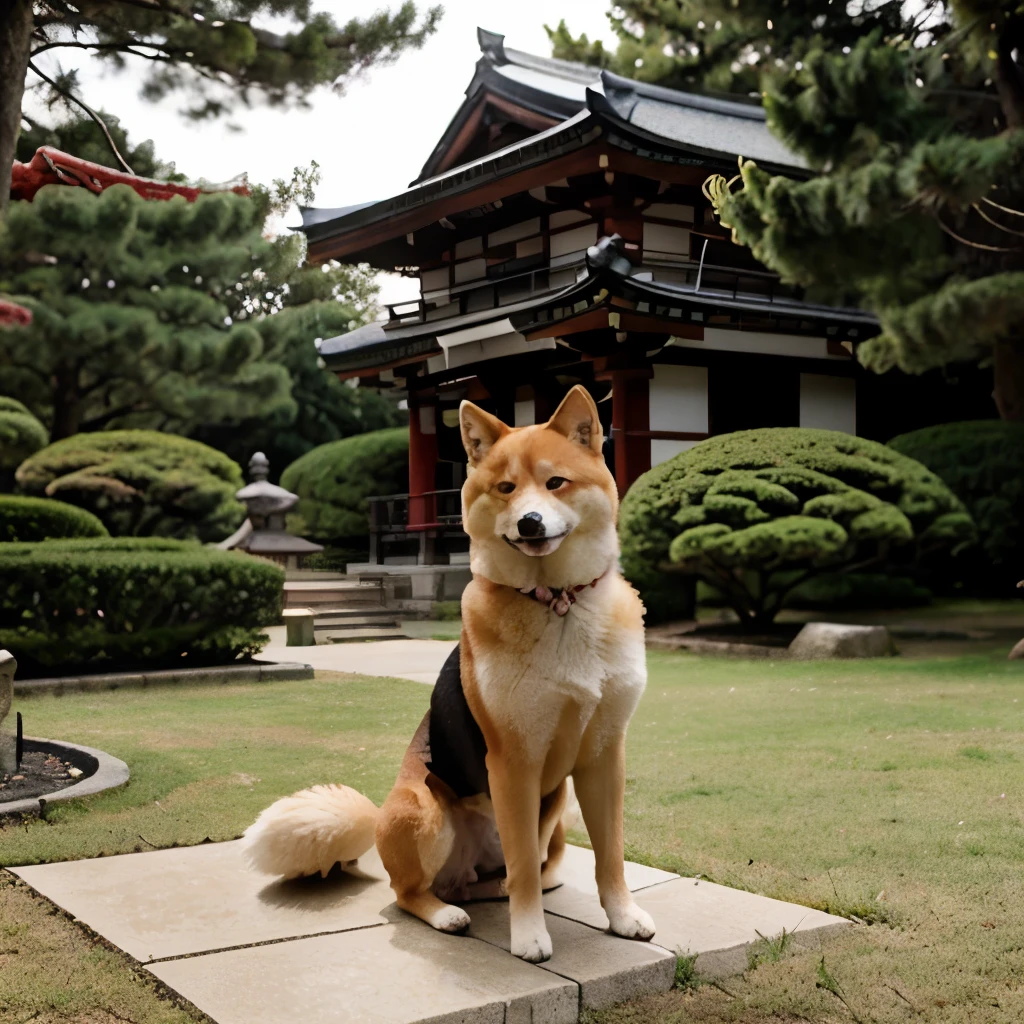 japanese dog　red shiba dog　Japanese wind garden　bushido　Shishiodoshi