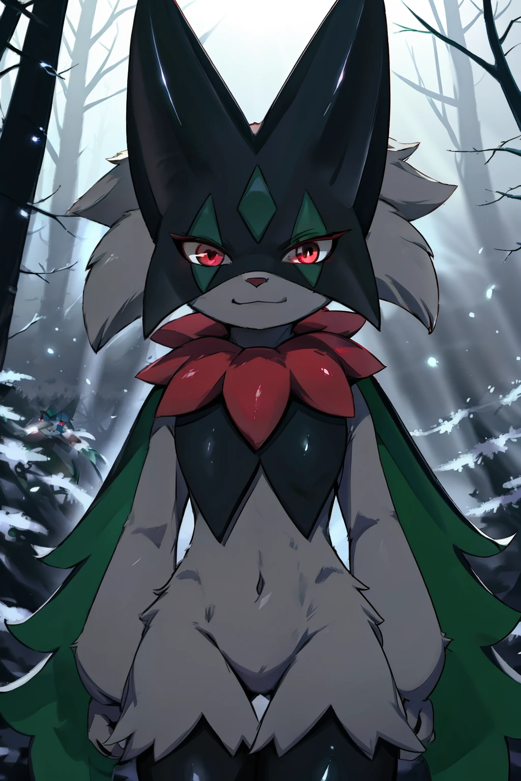 Masterpiece, Medium full shot Portrait, The best quality, the highest picture quality, Detailed, Meowscarada, Pokémon, short snout, detailed eyes, night, dark forest, darkness, female, solo, cruel smile, glowing eyes, red eyes