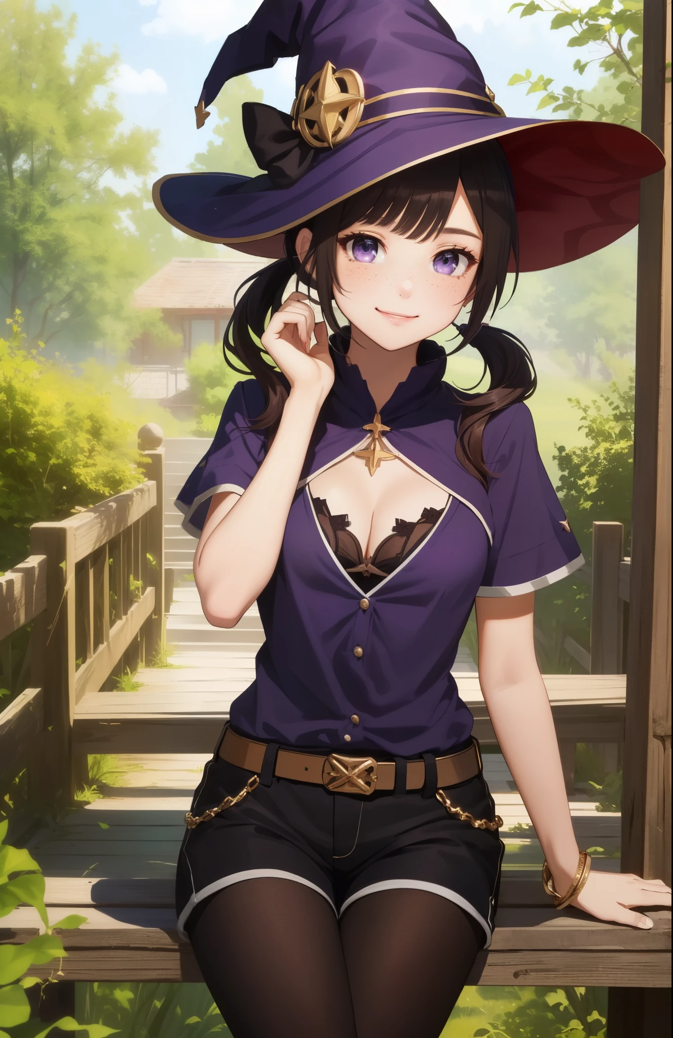 perfect eyes:1.2, detailed eyes:1.4, short hair, low twintails, small breasts, childish, cute, sitting, twintails, black hair, freckles:1.2, purple eyes, smile, sexy, pantyhose, witch hat, black shorts, cleavage, outdoors, cowboy shot, 1girl, solo, (masterpiece:1.6, best quality),