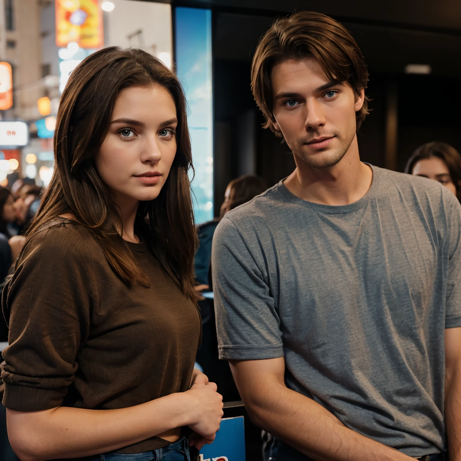 A couple, the tall, handsome guy with brown hair and the short, blue-eyed girl, both at the cinema