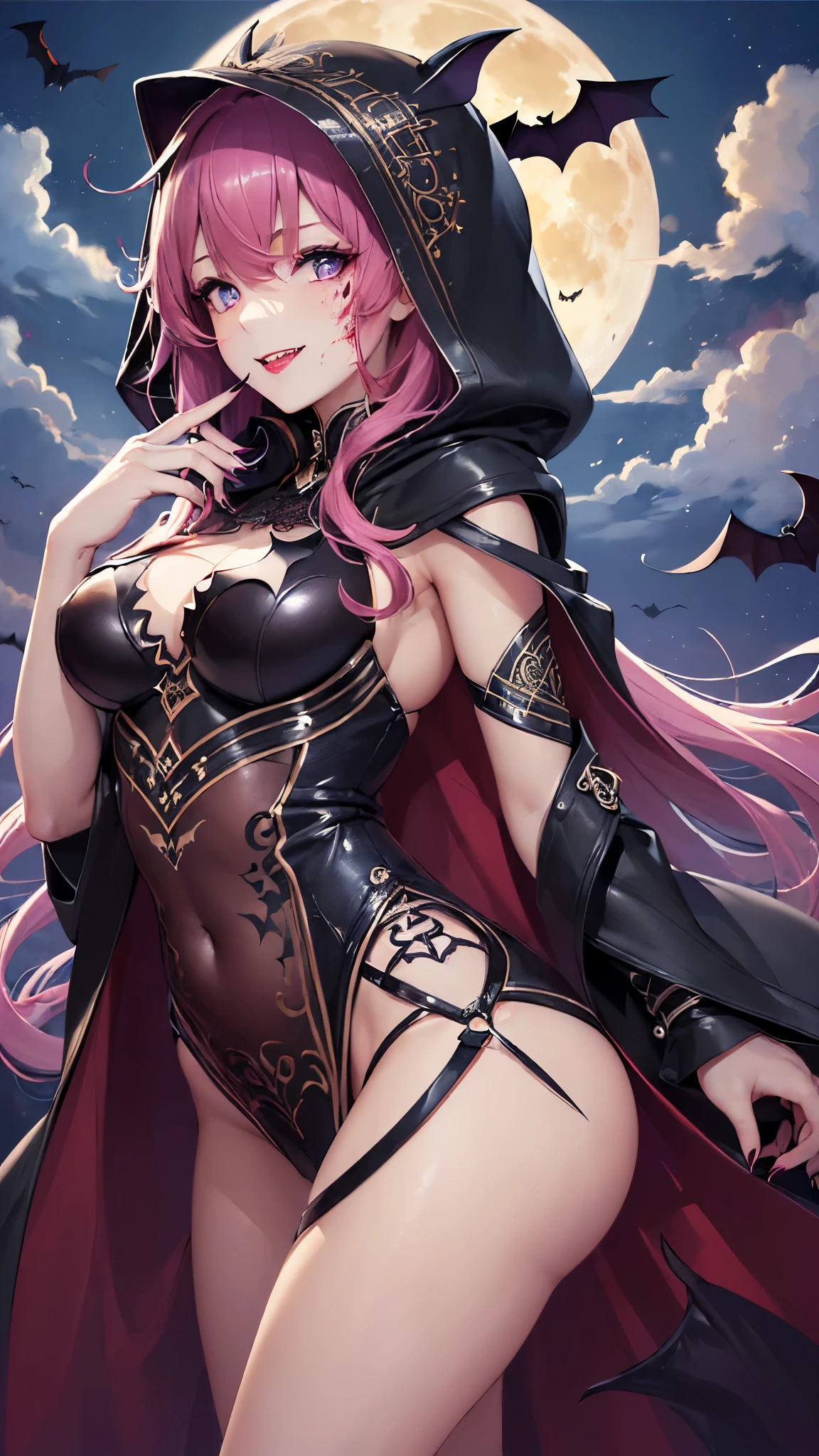 ((highest quality)),(ultra high resolution),(Super detailed),(detailed description),((best CG)),(best work of art),super precision art,amazing drawing art,(Fantasy art with precise details:1.5), (Female Grim Reaper:1.6),(beautiful and well-shaped face:1.7),(A jet black hooded cloak with intricately detailed embroidery.:1.6),(face peeking out from the hood:1.5),(smile:1.6),(blood-red lips:1.6),(tooth:1.7),(,sharp nails:1.6),light makeup:1.4,(Sharp, detailed purple eyes:1.4),big breasts:1.4,Beautiful leg lines:1.6,barefoot:1.6, (full moon hidden in clouds:1.6),(bat:1.6),