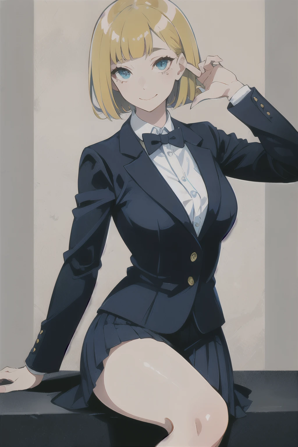 ((best quality)), ((work of art)), (detailed), perfect face, blond_hair ((Bob hair)), smiling, blue_eye, tilted forward, arms behind the back, school clothes, black blazer, thigh-length skirt, hands hidden, better quality, detalhed.