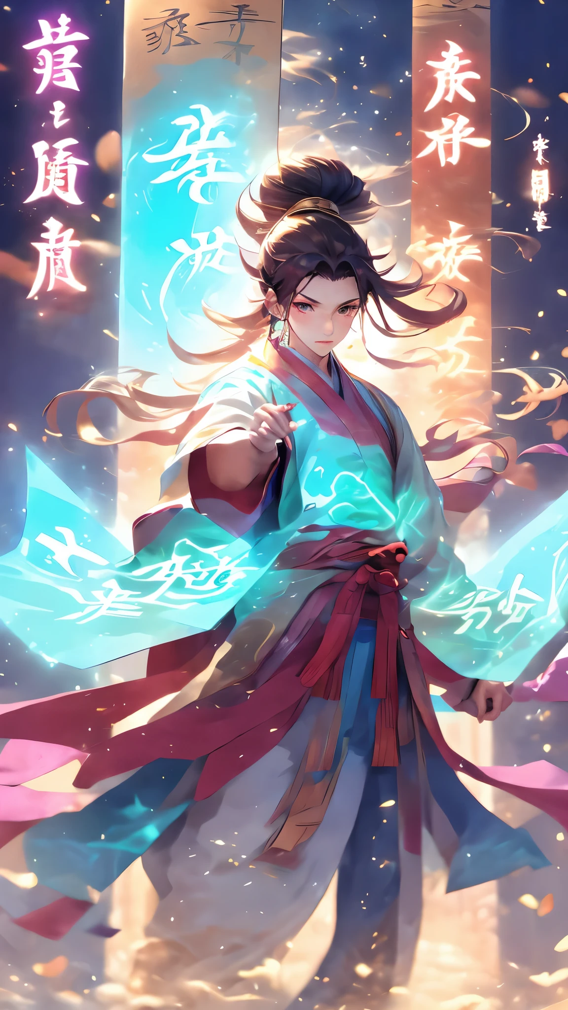 (masterpiece, best quality:1.2),1boy, dynamic posture (wearing Hanfu: 1.2), long hair,Upper body, flowing hair, glowing text, transparent text, energy text, energy fluid, glowing, dawn, light particle effect, floating energy scroll, blue energy, best quality, masterpiece, 8k, transparent text, badhandv4