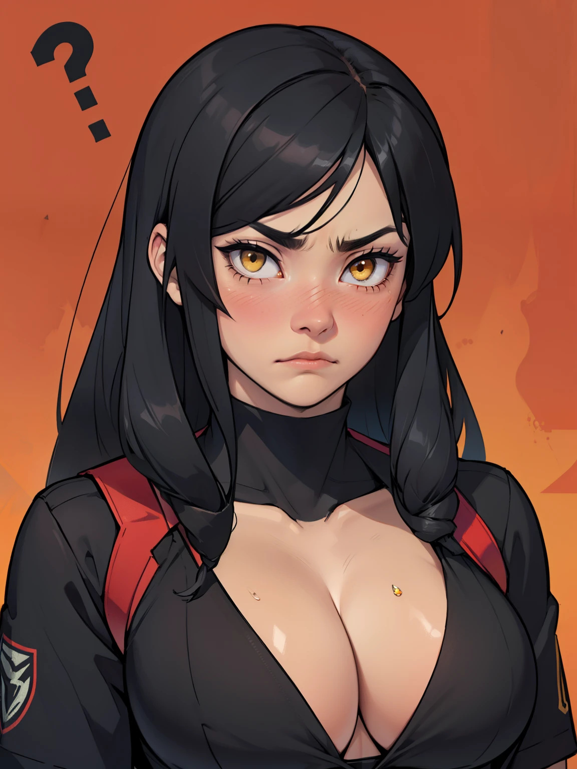 girl muscles huge breasts pale skin very long hair black hair yellow eyes sad blushing solo frown very long hair