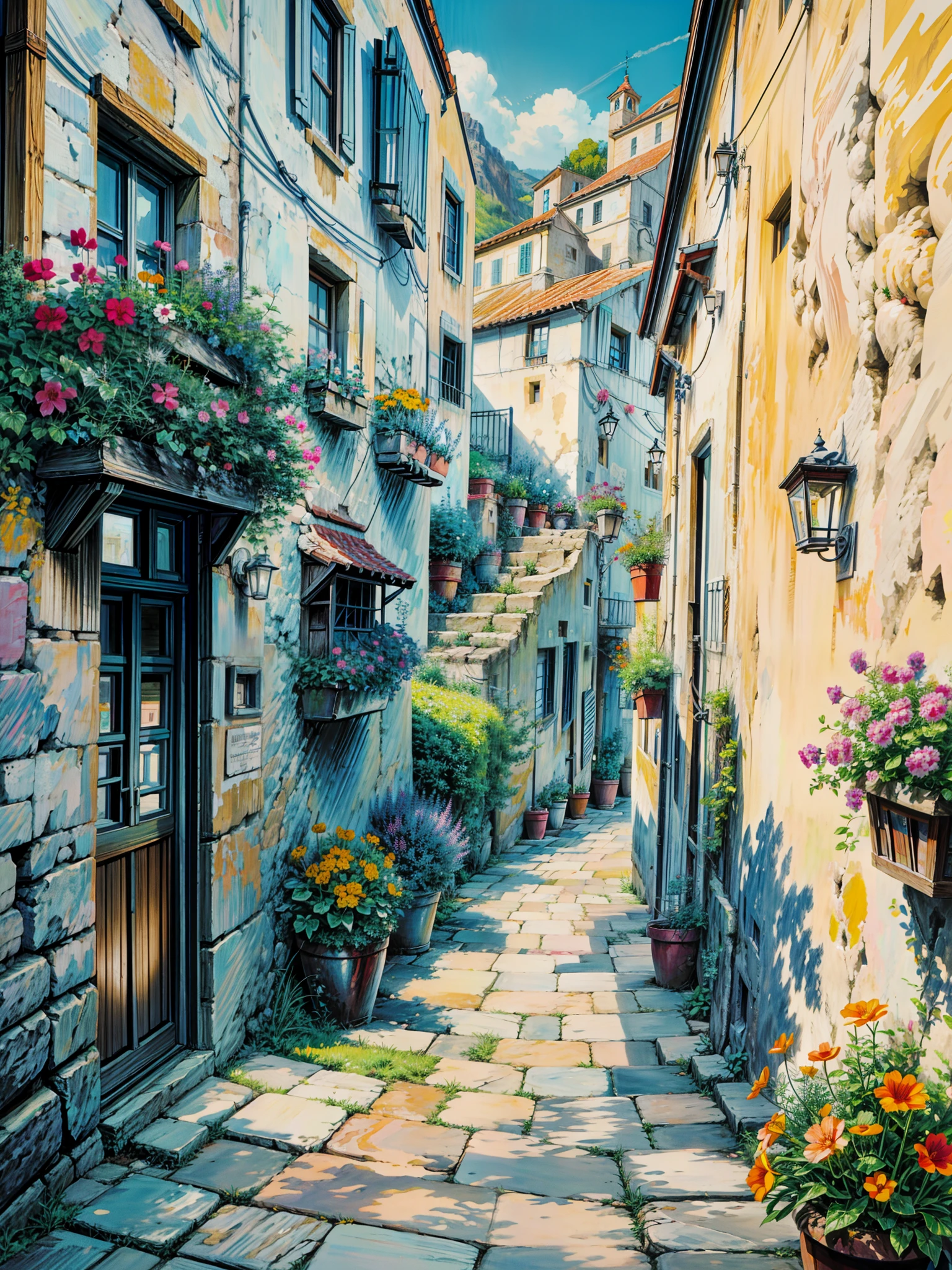 a painting of a narrow street with potted flowers, by Frances Jetter, greek art, by Demetrios Farmakopoulos, narrow street, ancient mediterranean village, greece, colorful landscape painting, gorgeous painting, architectural painting, vibrant gouache painting scenery, colorfull painting, colorful painting, mediterranean fisher village, beautiful painting, narrow streets, art painting, vibrant painting, greek architecture, 4k hd,, beautiful art uhd 4 k, a beautiful artwork illustration, beautiful digital painting, highly detailed digital painting, beautiful digital artwork, detailed painting 4 k, very detailed digital painting, rich picturesque colors, gorgeous digital painting, no human