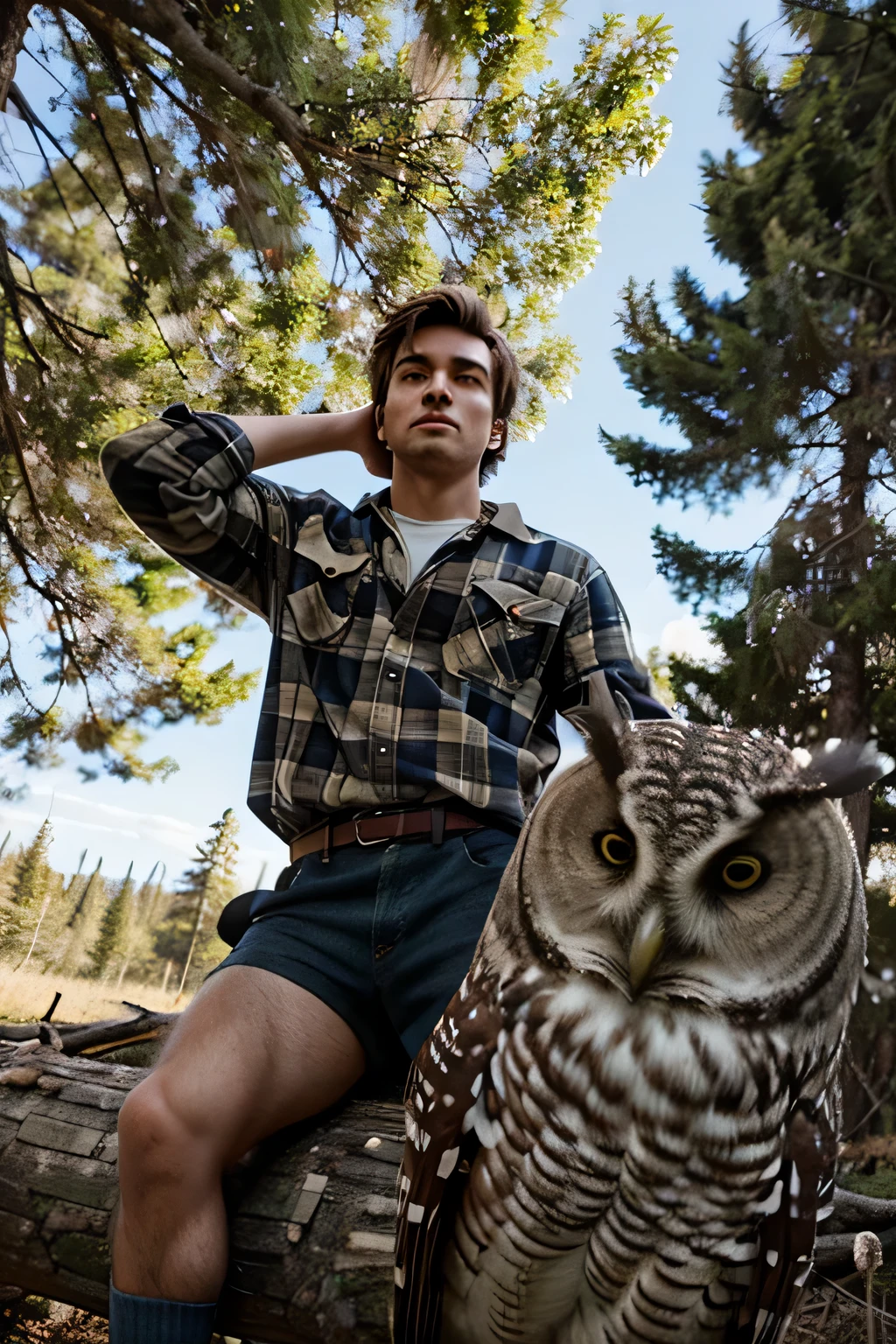 cartoon photo of a young lumberjack, en el bosque, talking to an owl that is on a tree branch