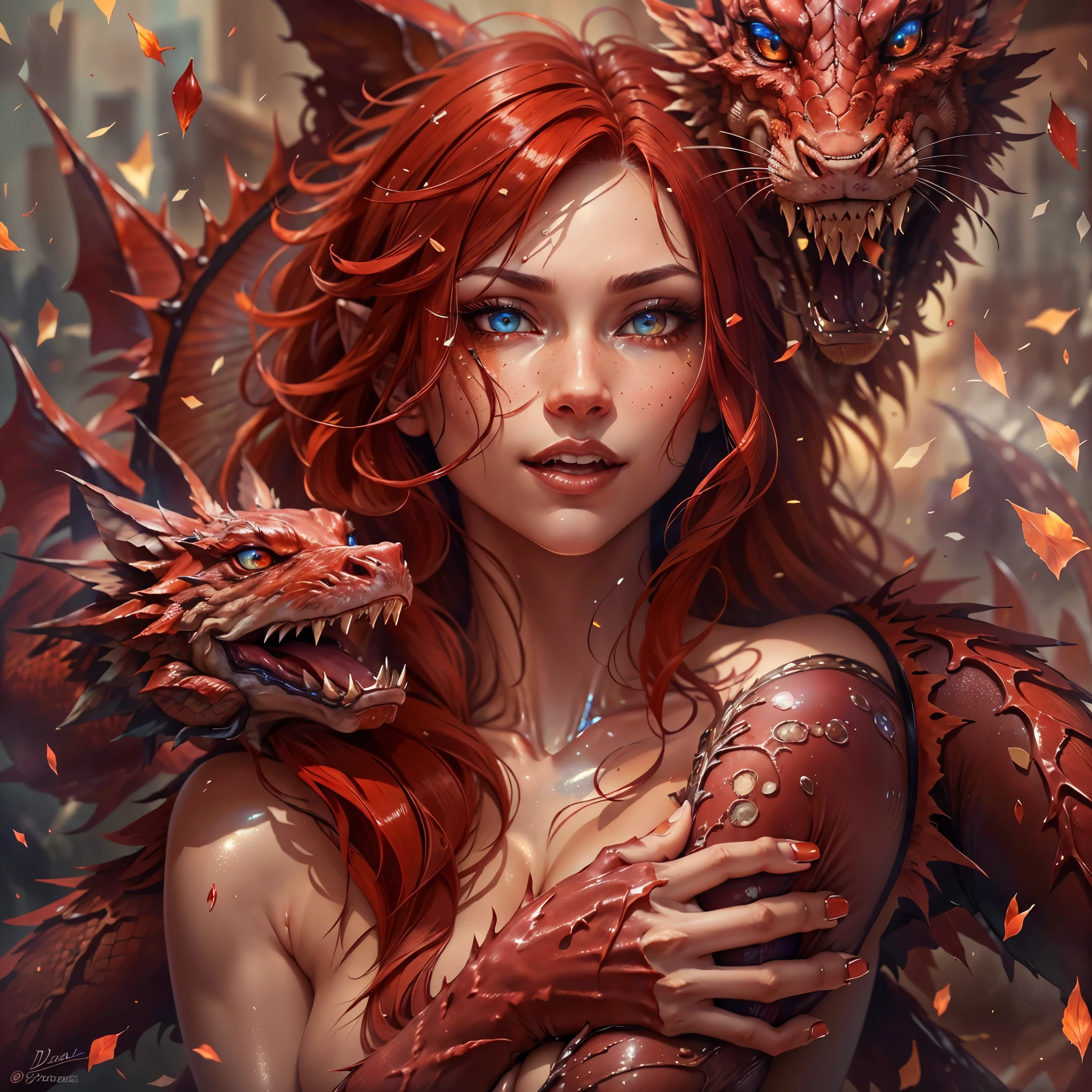 (best quality,4k,8k,highres,masterpiece:1.2), ultra-detailed, realistic, naked sexy dragon woman with red glittering scales, long fiery red hair, very playful but mischievous smile, naked, nude, detailed crotch, detailed vulva, detailed pussy, sexy pose, spread legs, spread pussy lips, playful, bi-coloured eyes, heterochromia, lustful