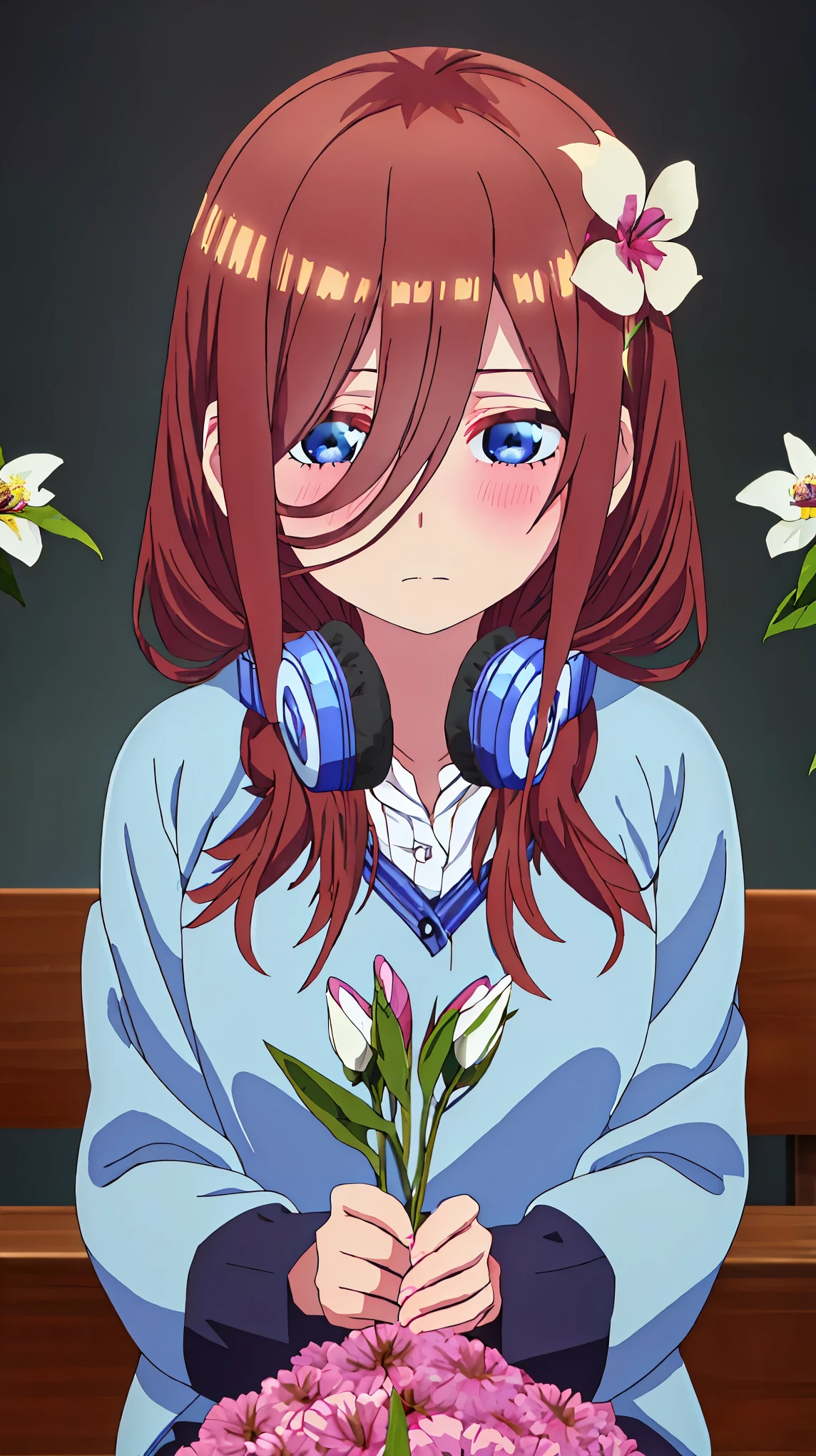 best quality, masterpiece, highres, solo, {nakano_miku_gotoubunnohanayome:1.15}, long_hair, brown_hair, bangs, hair_between_eyes, blue_eyes, headphones_around_neck, headphones, blush, closed_mouth, shiny_hair, 1girl, blurry, blurry_background, portrait, shiny, looking_at_viewer, (holding a flower viewing it to the viewer: 1.5) 