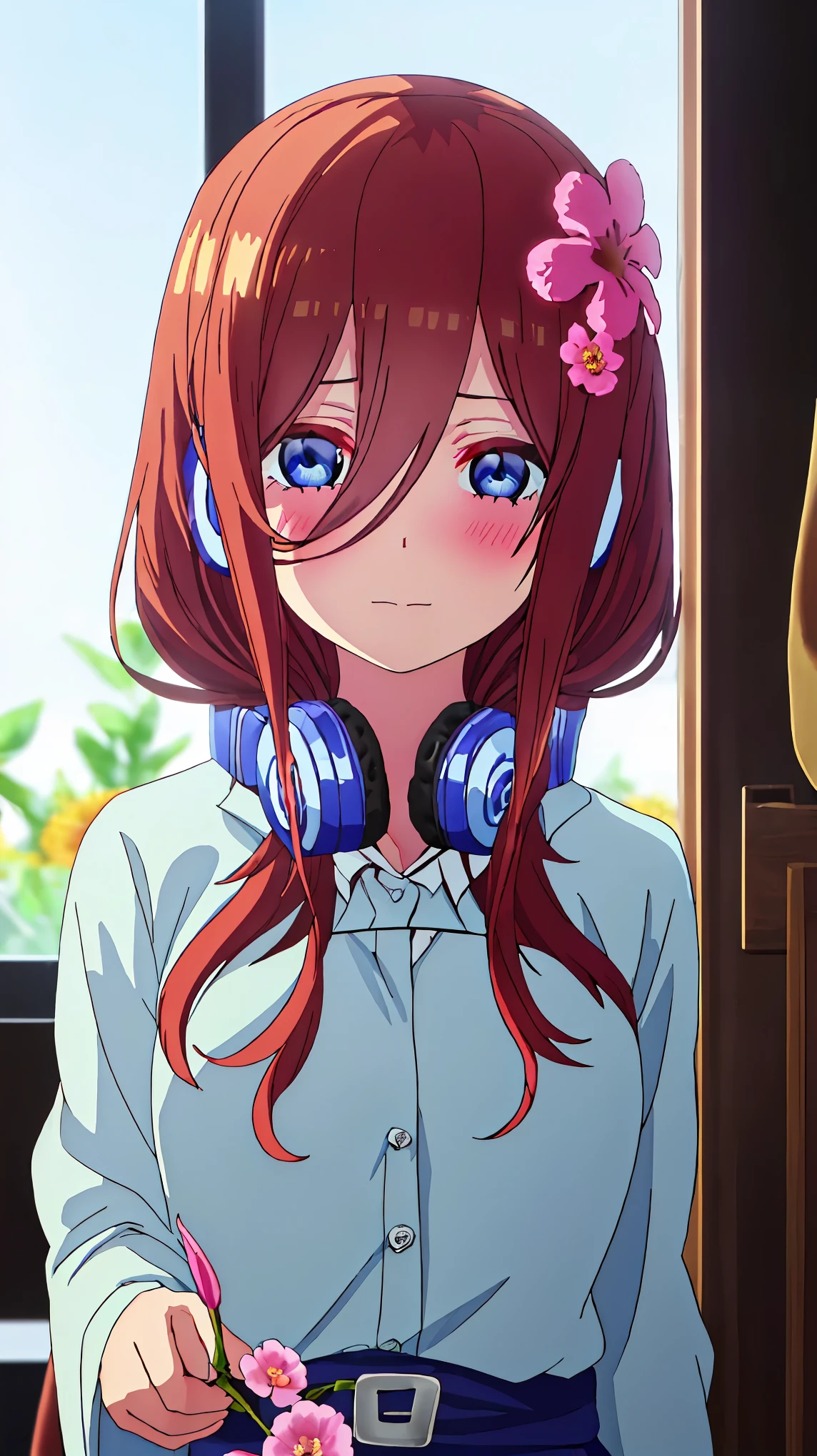 best quality, masterpiece, highres, solo, {nakano_miku_gotoubunnohanayome:1.15}, long_hair, brown_hair, bangs, hair_between_eyes, blue_eyes, headphones_around_neck, headphones, blush, closed_mouth, shiny_hair, 1girl, blurry, blurry_background, portrait, shiny, looking_at_viewer, (holding a flower viewing it to the viewer: 1.5) 